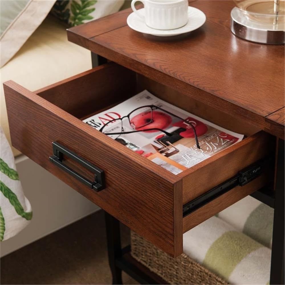 BOWERY HILL Solid Hardwood Nightstand with 1 Drawer - Mission Oak Finish for Bedroom, Living Room, or Office Storage