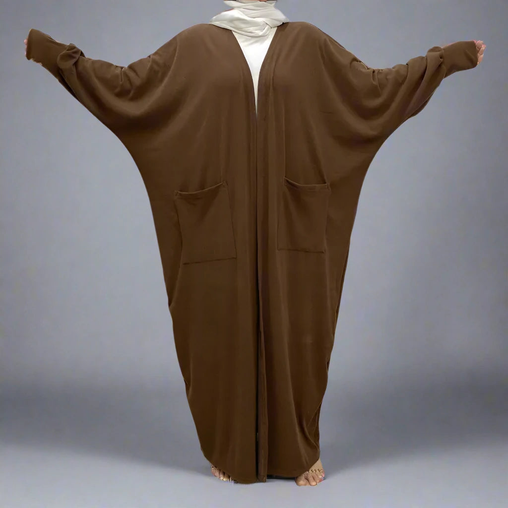 Muslim Women's Cotton Open Abaya Dress with Pockets - Winter & Fall Modest Cardigan for Prayer, Home & Outdoor Wear