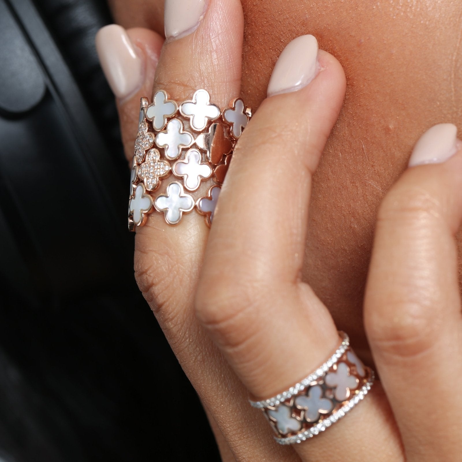 14k Rose Gold Diamond and Mother of Pearl Clover Eternity Ring - Elegant Stackable Band for Weddings, Anniversaries & Everyday Wear
