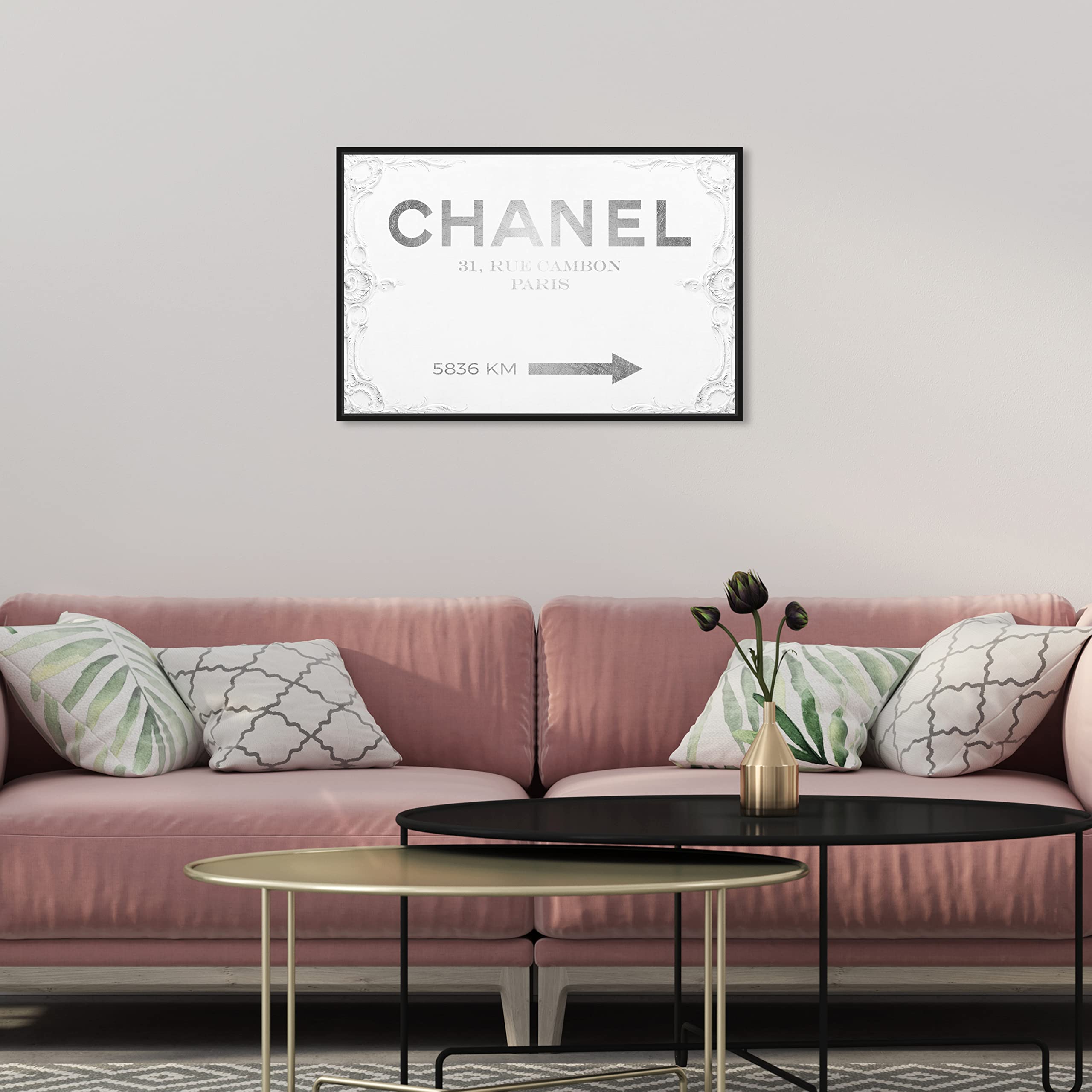 Oliver Gal Artist Co. Contemporary 16x24 Inch Couture Road Sign Rococo Framed Canvas Wall Art - White Closet Decor for Bedroom, Living Room & Office