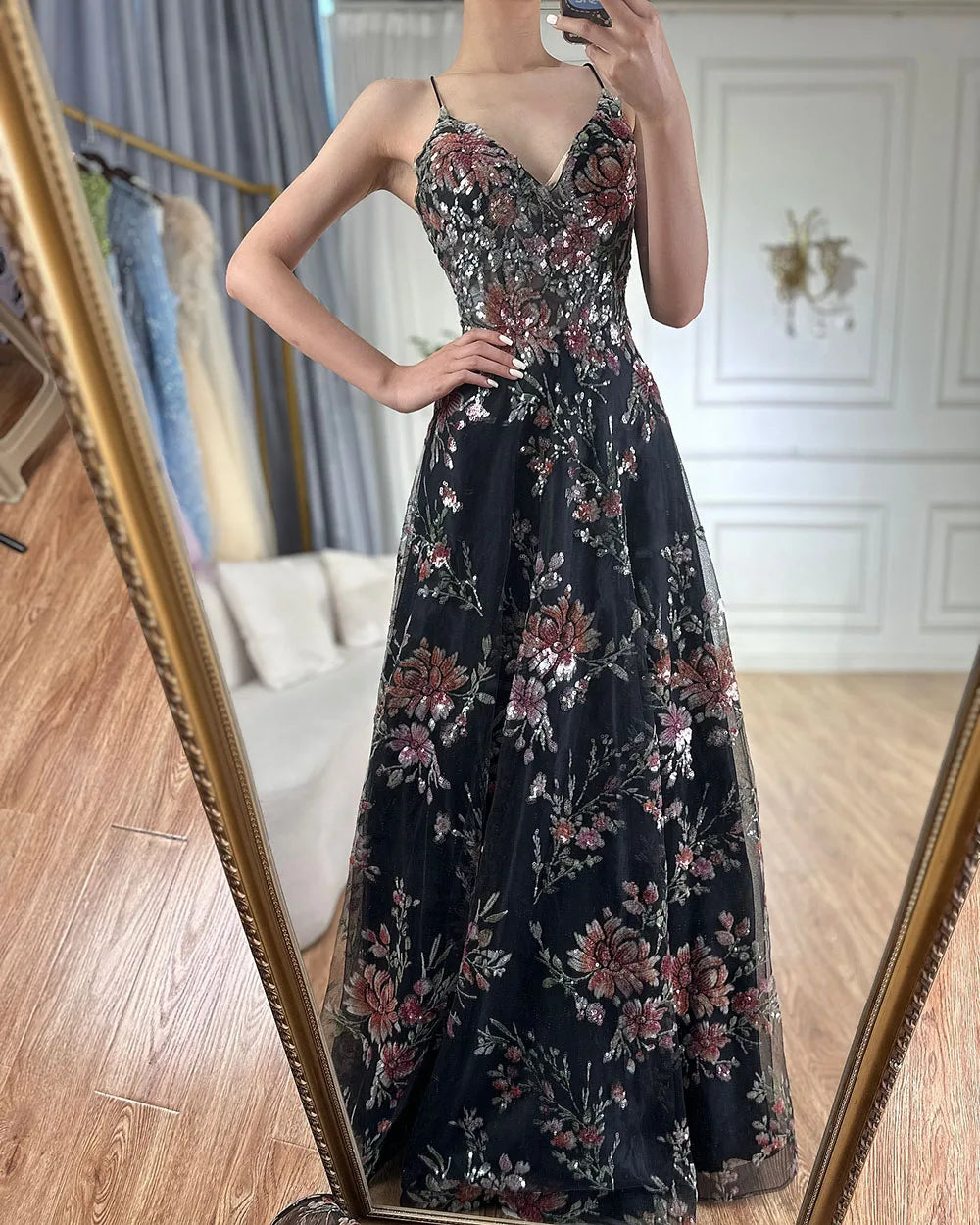Luxury Dubai Black Beaded Spaghetti Strap A-Line Prom Dress for Formal Occasions - Perfect for Saudi Arabian Weddings, Evening Galas & Special Events LA72773
