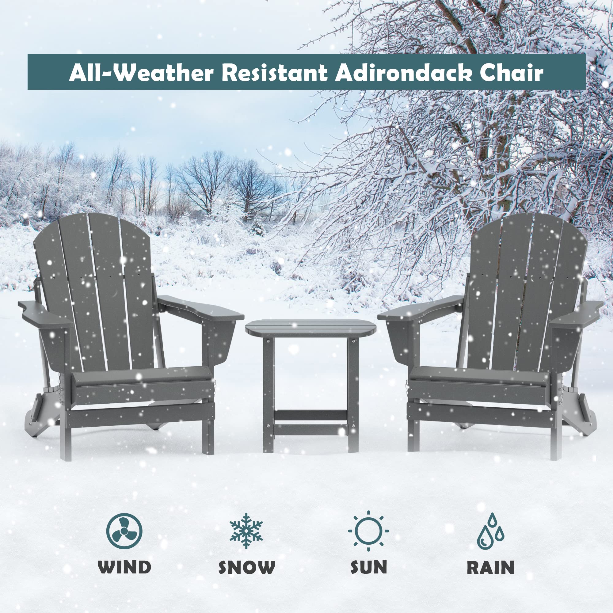TORVA Folding Adirondack Chair - All-Weather HDPE Resin Outdoor Patio Chair for Backyard, Garden, Deck, Beach & Camping - Fire Pit & BBQ Companion (Gray) - Perfect for Relaxing, Sunbathing & Outdoor Gatherings