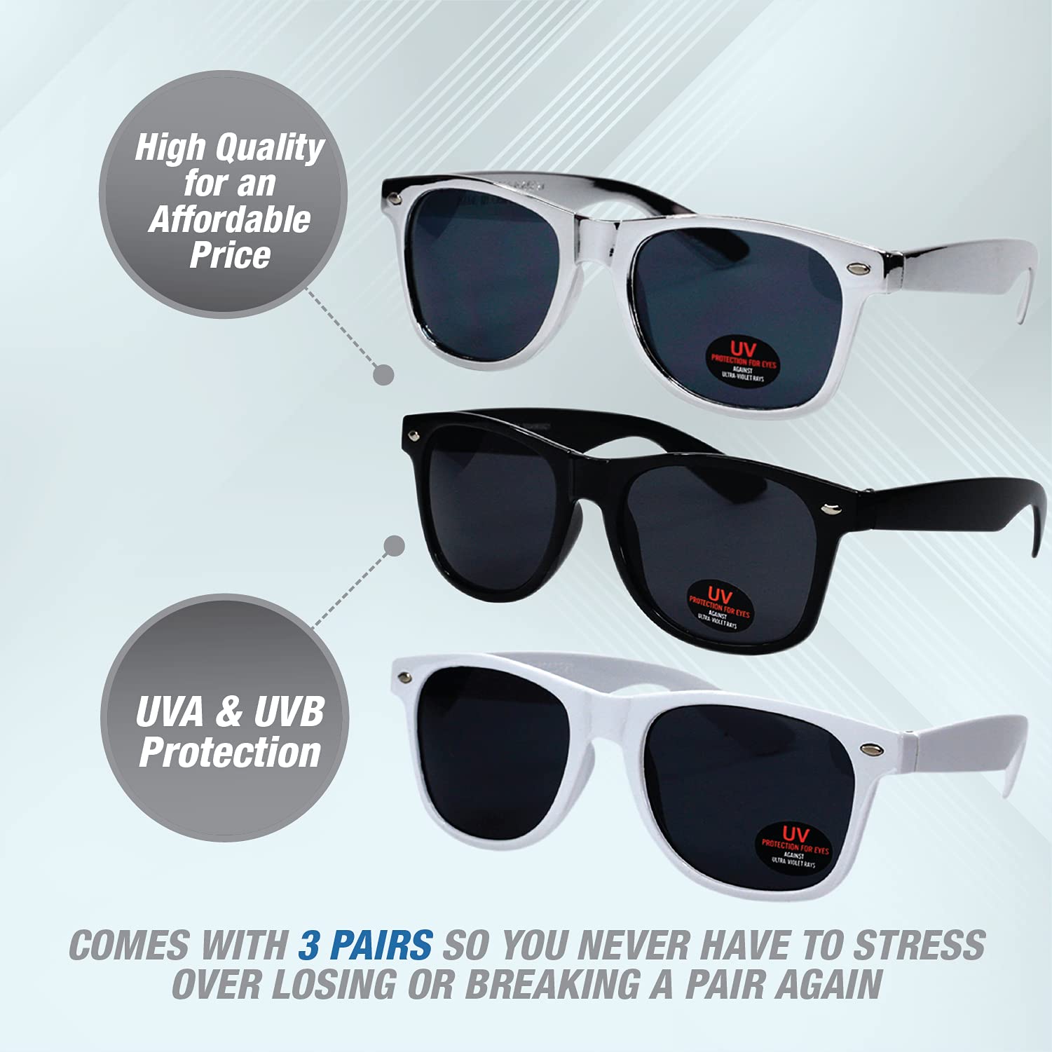 Premium Polarized Sunglasses for Men, Women & Kids - 3 Pack UV400 Protection Tinted Lenses - Fashionable & Durable for Driving, Beach & Outdoor Activities