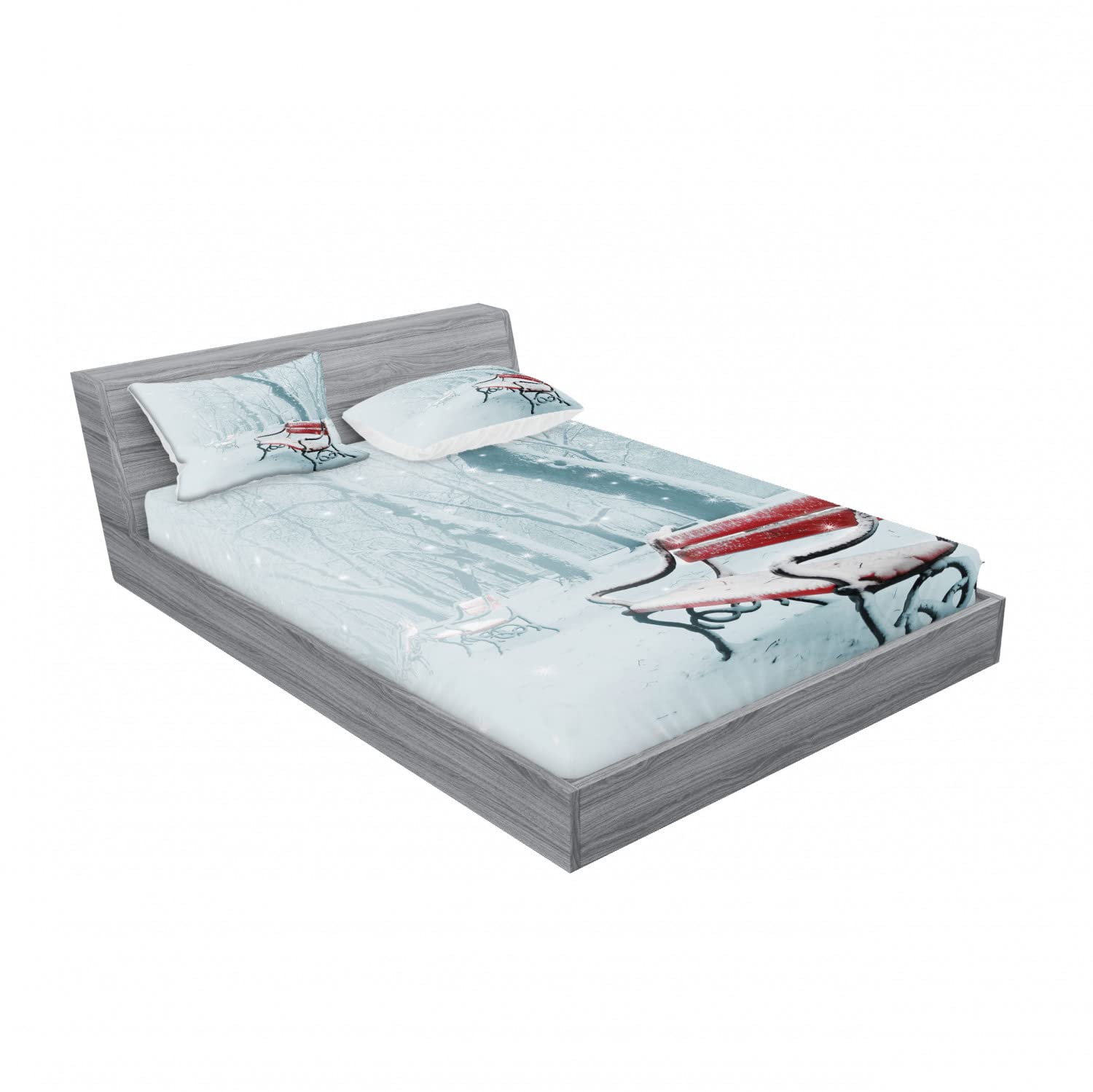 Ambesonne Winter 2 Pack Queen Size Fitted Sheet & Pillow Sham Set - Snowy Bench Misty Path Design, 4 Piece Bedding Set (2 Fitted Sheets + 4 Pillow Covers), Cozy White Winter Bedroom Decor for Holiday Season & Cold Weather Comfort
