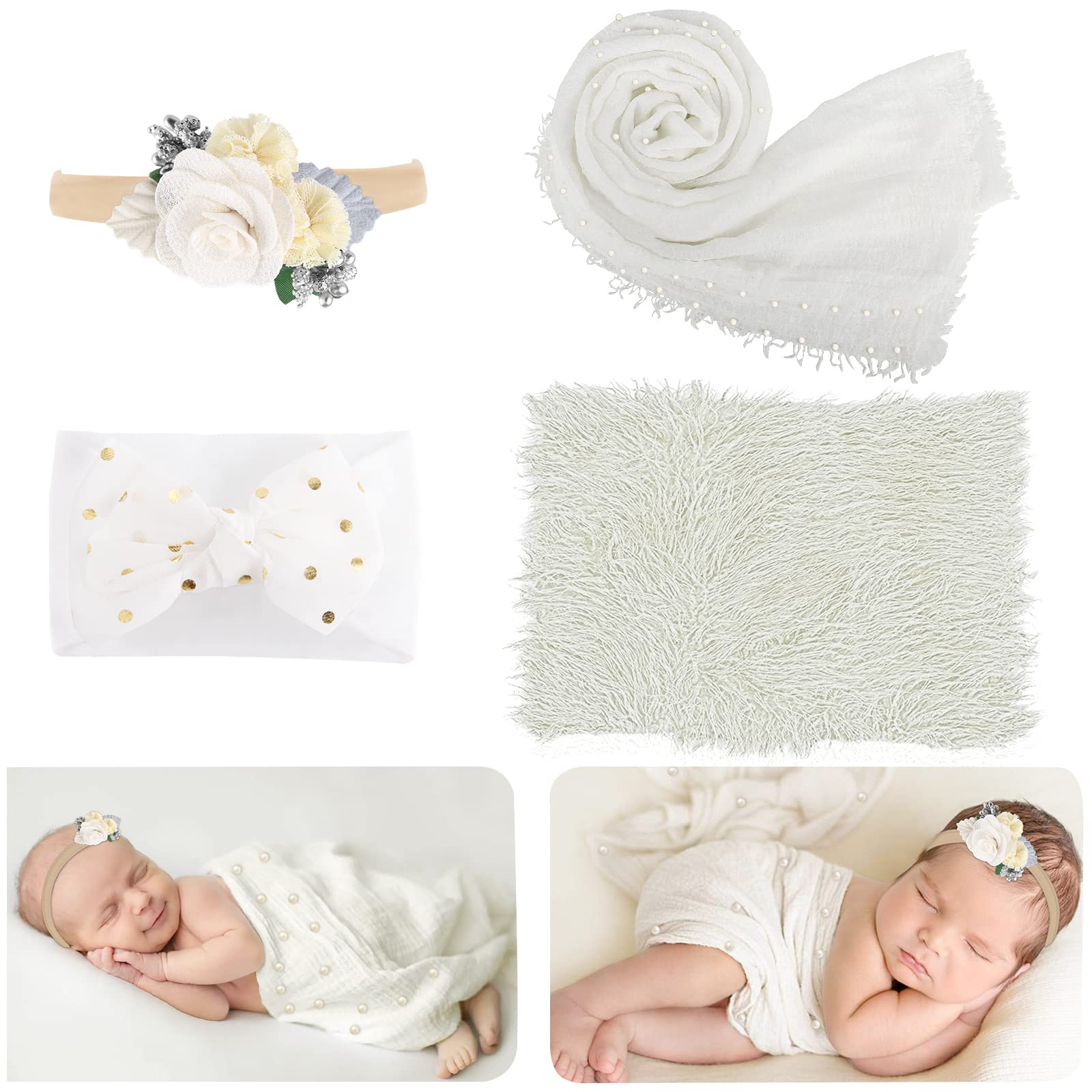 AOKE 4-Piece Newborn Photography Props Kit - Soft White Baby Wraps, Headbands & Blanket for Boys & Girls | Perfect for DIY Newborn Photo Shoots, Baby Showers & First Birthday Portraits