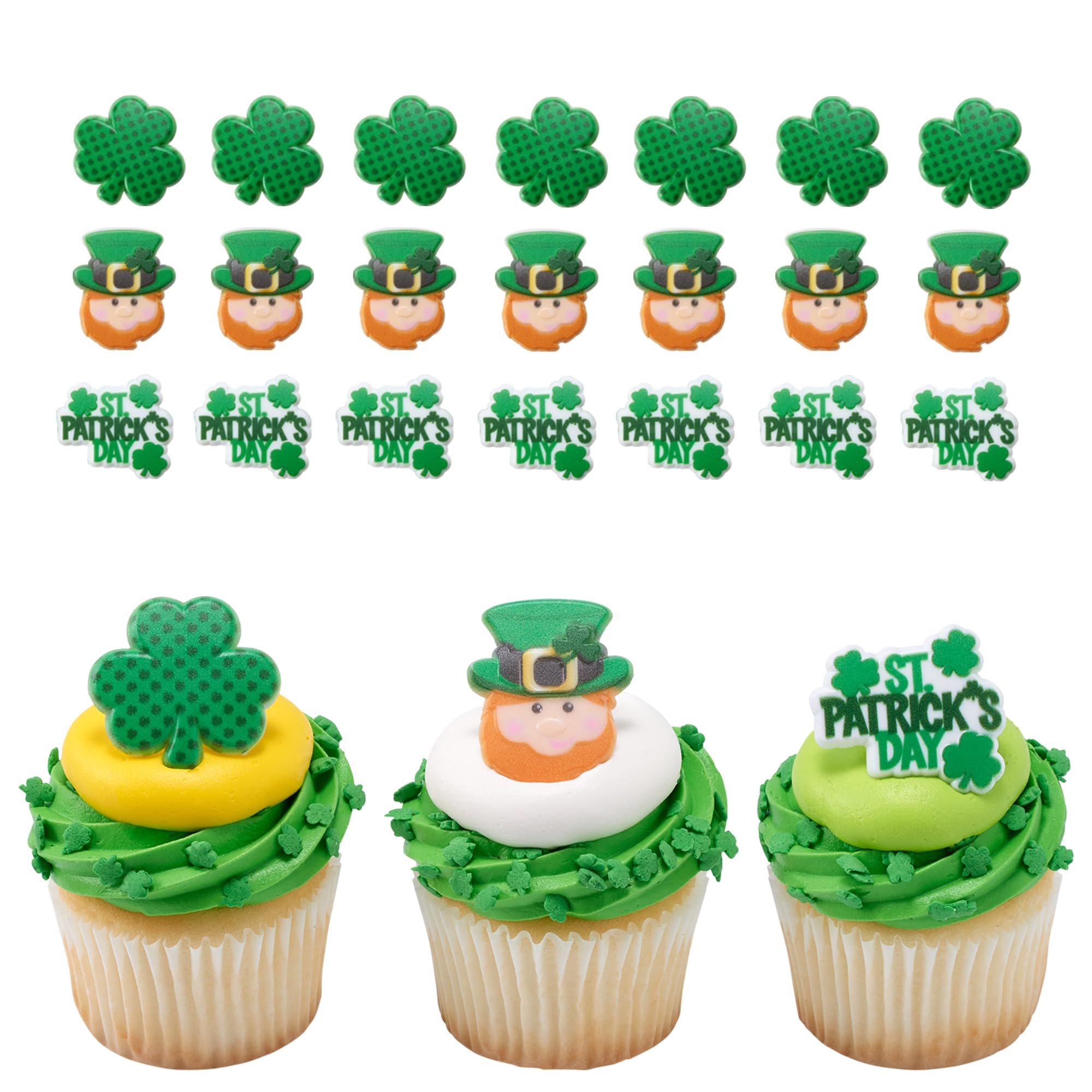 DecoPac St. Patrick's Day Cupcake Toppers - 24 Pack of Green Shamrock & Leprechaun Rings for Cake Decorations | Food Safe Cupcake Decor for St. Paddy's Day Parties, Birthday Cakes & Holiday Desserts