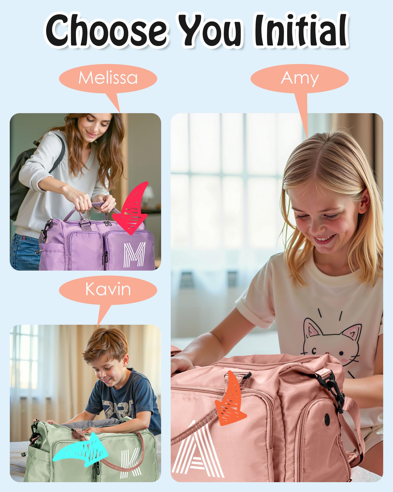 Personalized Initial Gym Bag for Girls & Boys - Kids Travel Duffel Bag, Sports Weekender Overnight Bag - Christmas Gift for Girls, Dance Sleepover Bag - Perfect for School, Sports Practice & Weekend Getaways