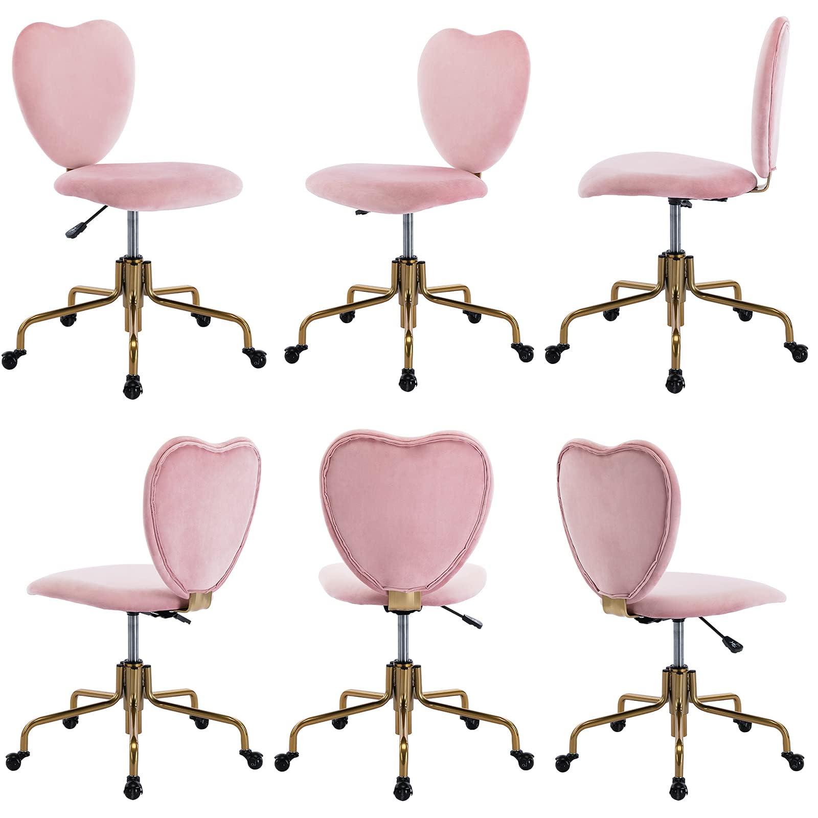 Velvet Pink Heart-Shaped Desk Chair with Wheels - Adjustable Height Swivel Office Chair, Armless Upholstered Vanity Chair for Home & Office - Perfect for Study, Workstation, Dressing Table and Bedroom Decor