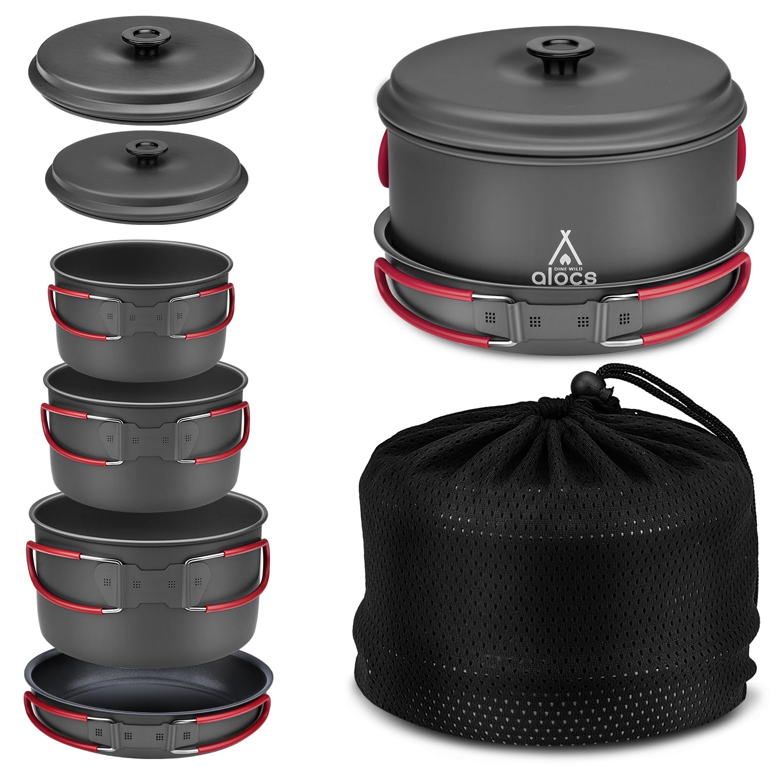 Alocs Camping Cookware Set - Compact & Durable Hard Alumina Outdoor Cooking Pots and Pans for Backpacking, Hiking, Picnics - Includes Mesh Carry Bag - Perfect for Camping Trips and Outdoor Adventures