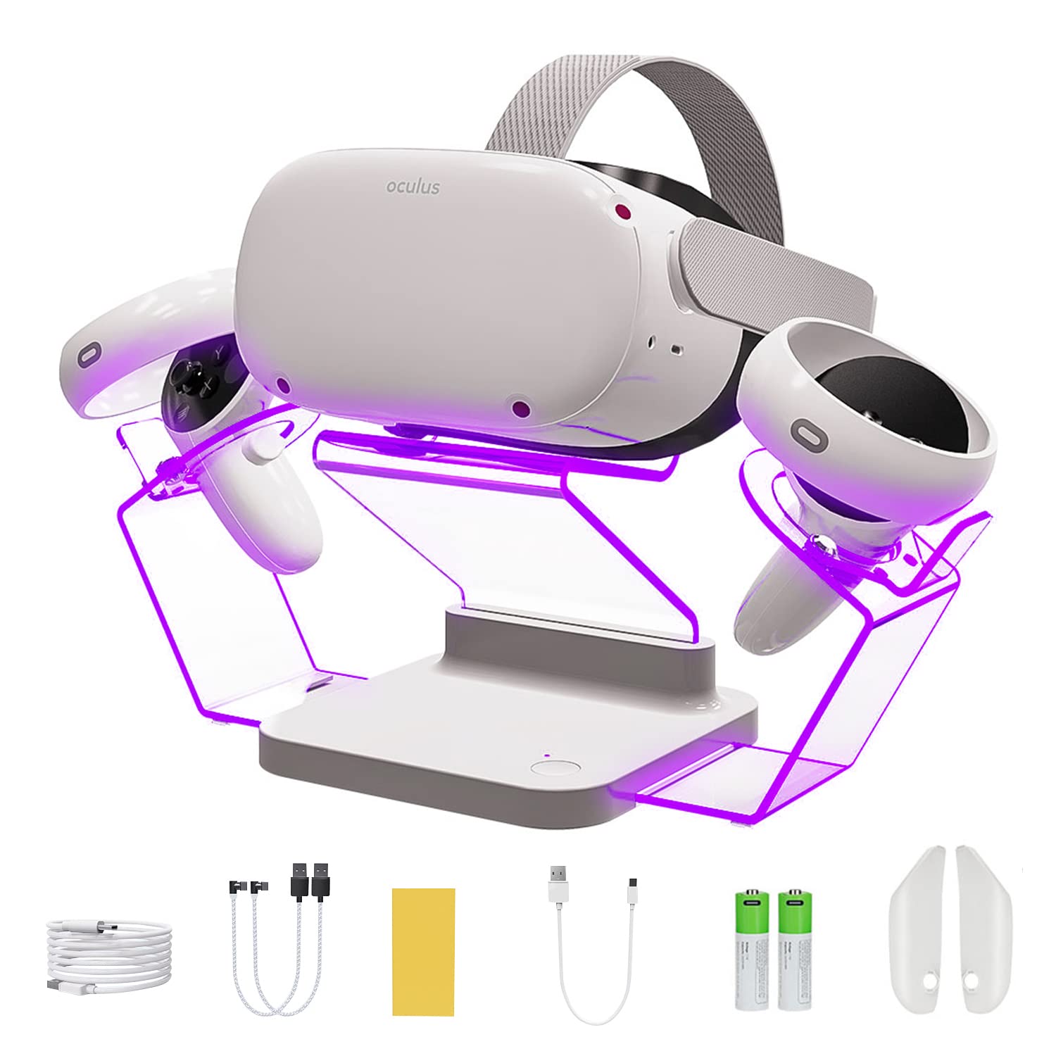 Oculus Quest 2 Charging Dock with LED Light - VR Charging Station & Display Stand for Oculus Quest 2 Headset & Controllers - Includes 2 Rechargeable Batteries & Magnetic Cable - Perfect for Gaming Setup & VR Accessories Organization
