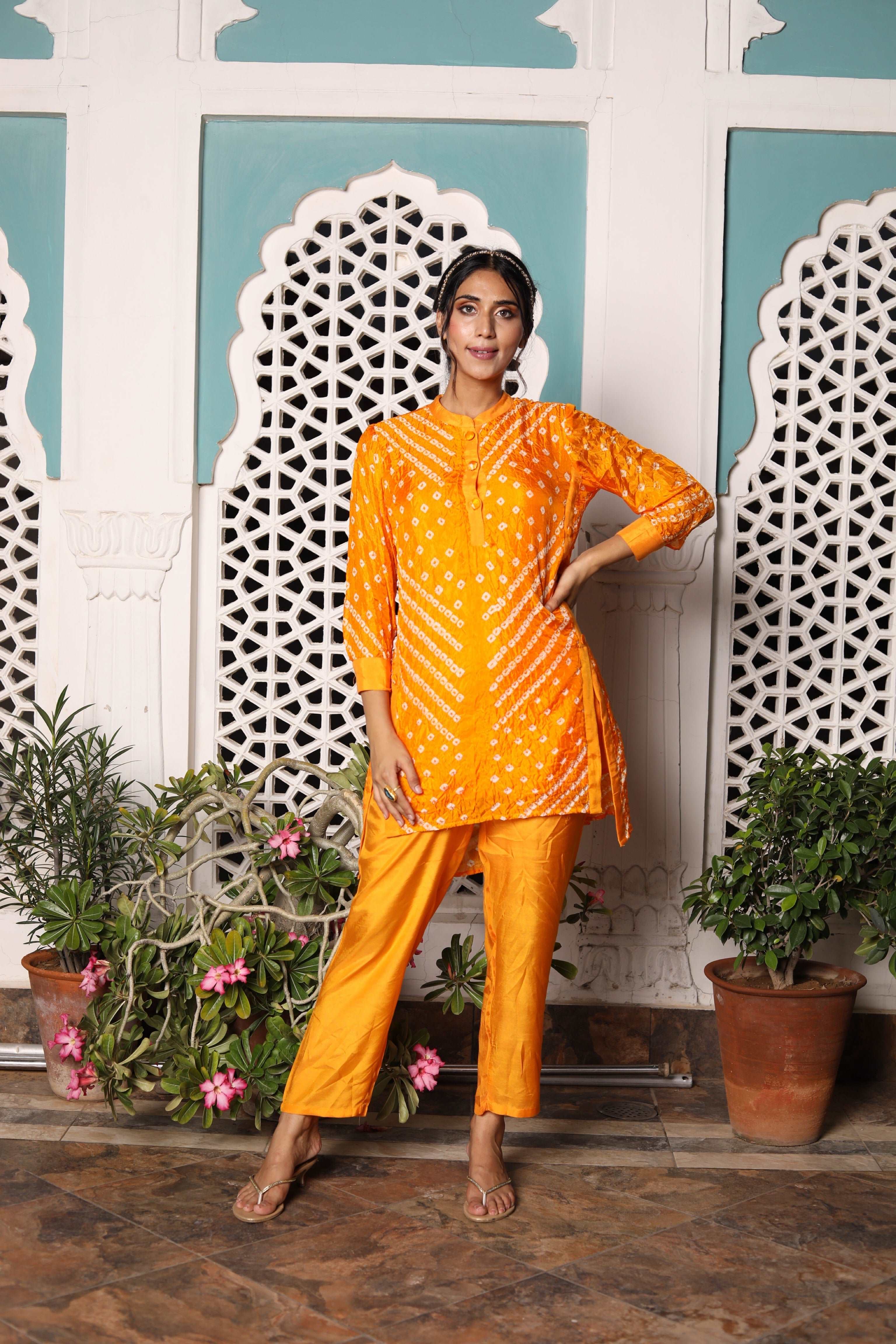 Stylish Bandhej Orange Festive Kurta Pants Set for Women - Perfect for Diwali, Weddings & Special Occasions