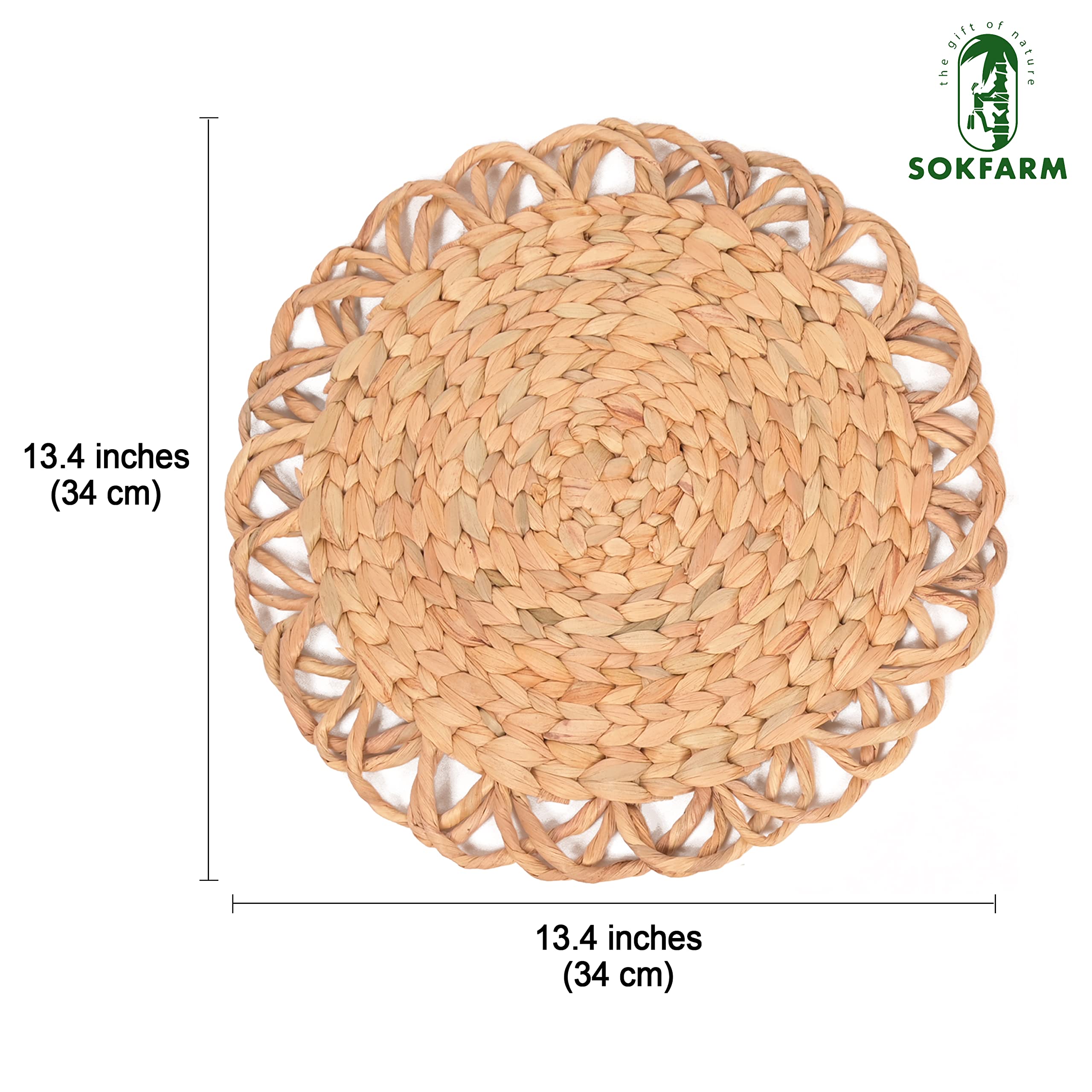Boho Flower Placemats Set of 4 - 13.4 Inch Round Woven Water Hyacinth Wicker Straw Placemats for Dining Table - Natural Decorative Table Mats for Boho Kitchen, Farmhouse Dining, and Outdoor Picnic Use