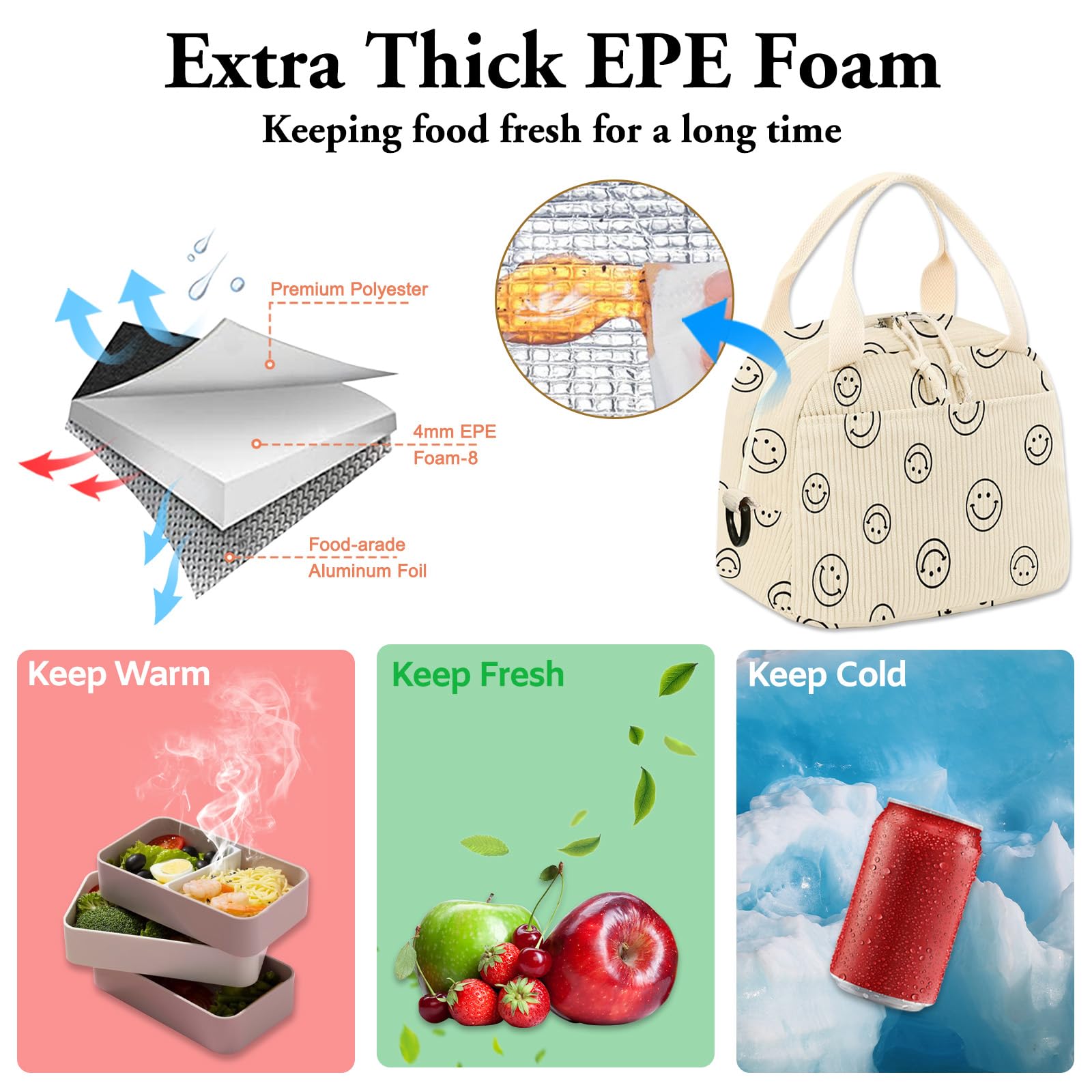 Insulated Reusable Lunch Bag for Women & Men - Large Corduroy Lunch Box with Shoulder Strap, Cute Smiley Tote Bag for Work, Office, School, Picnic & Outdoor Activities | Eco-Friendly Cooler Lunch Case