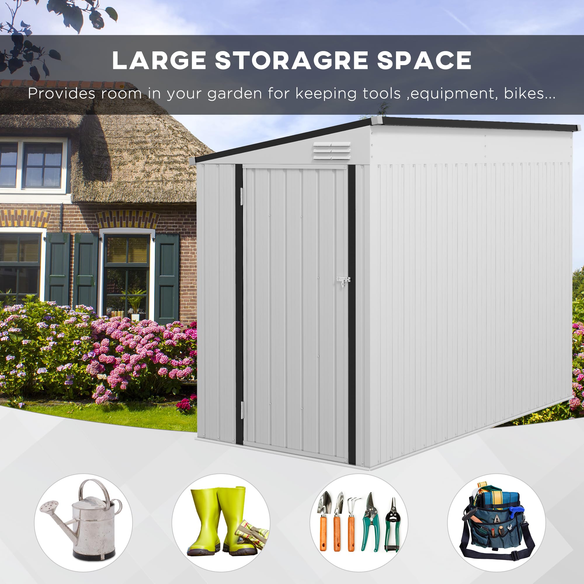 Outsunny 4' x 8' Metal Outdoor Storage Shed with Lockable Door & 2 Air Vents - Lean-to Garden Tool Shed for Backyard, Patio, Lawn - Perfect for Storing Lawn Mowers, Bikes & Seasonal Items (White)
