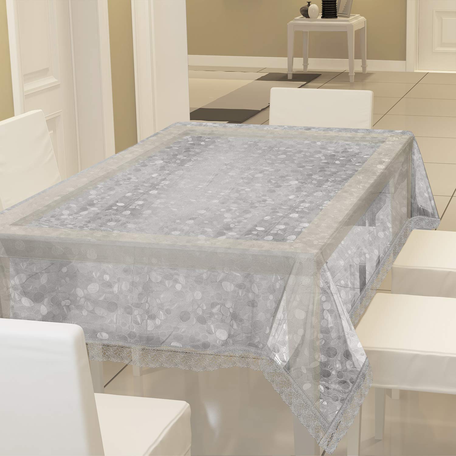Premium Kuber Industries 6-Seater Dining Table Cover - Waterproof & Stain-Resistant Tablecloth for Home & Restaurant Use (Silver) - Perfect for Everyday Dining, Parties & Special Events