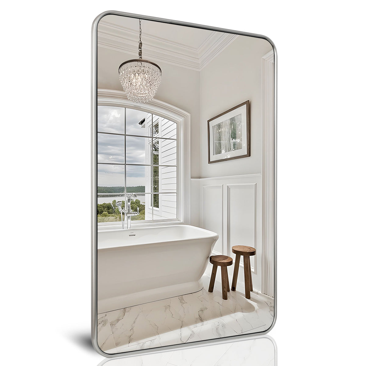 Modern Rounded Rectangular Bathroom Mirror with Stainless Steel U-Tube Frame - Perfect for Vanity, Powder Room & Contemporary Bathroom Decor