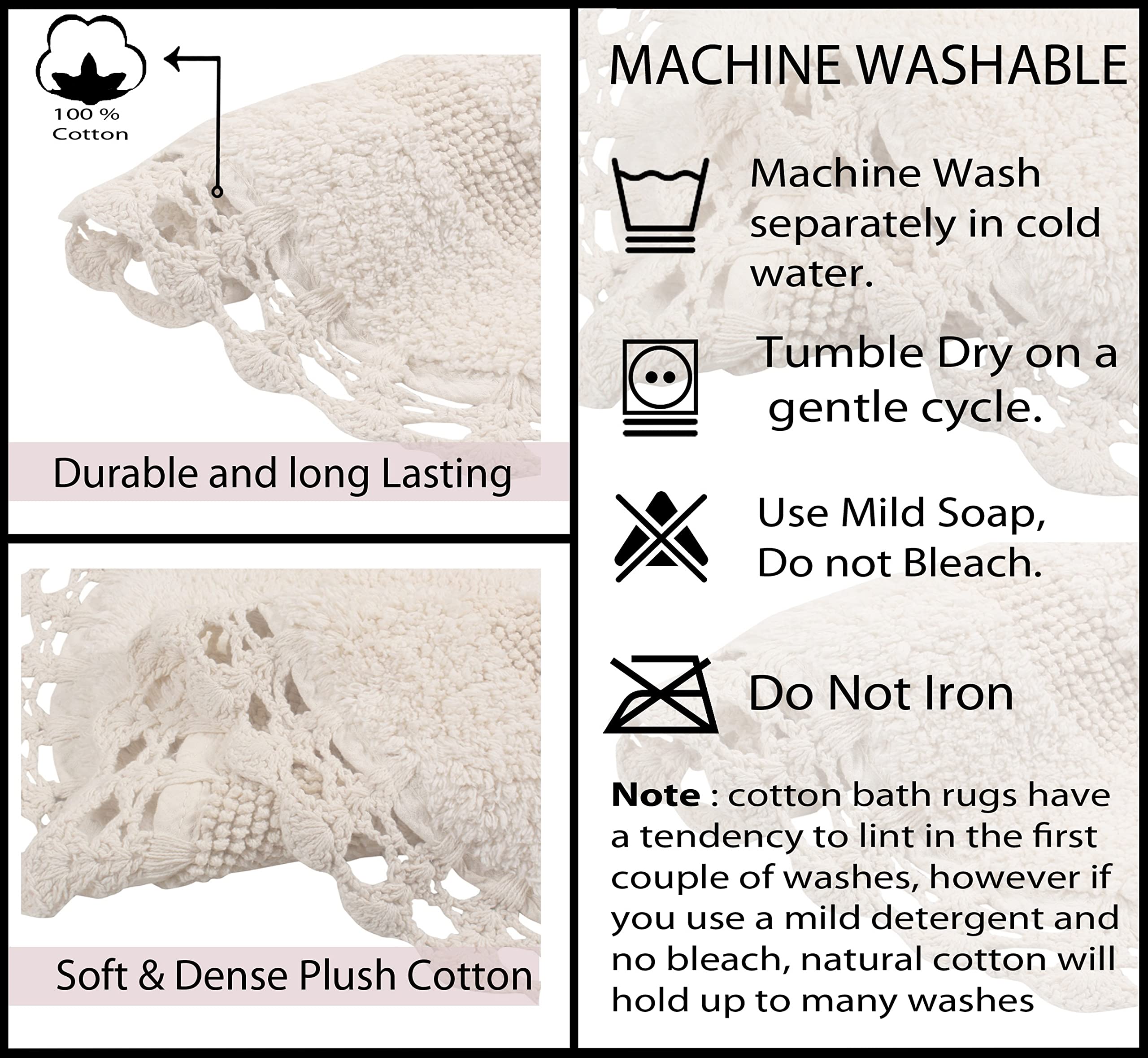 Premium 100% Cotton Reversible Crochet Bath Mat Set - Super Soft & Absorbent Non-Slip Bathroom Rug, Washable Kitchen Mat (21