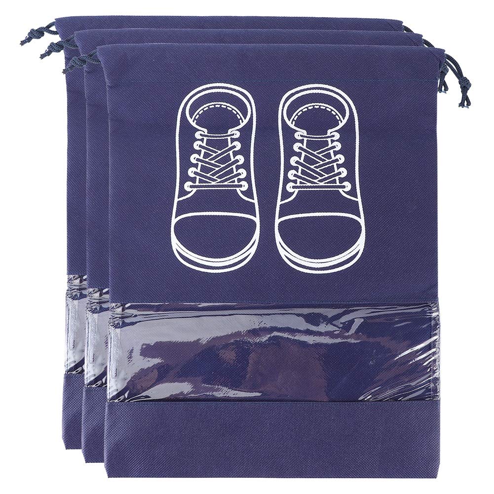 3 Pack Non-Woven Fabric Shoe Storage Bags with Drawstring - Dustproof Travel Shoe Pouches (Large Size, Dark Blue with Print) - Perfect for Travel, Home Organization & Closet Storage