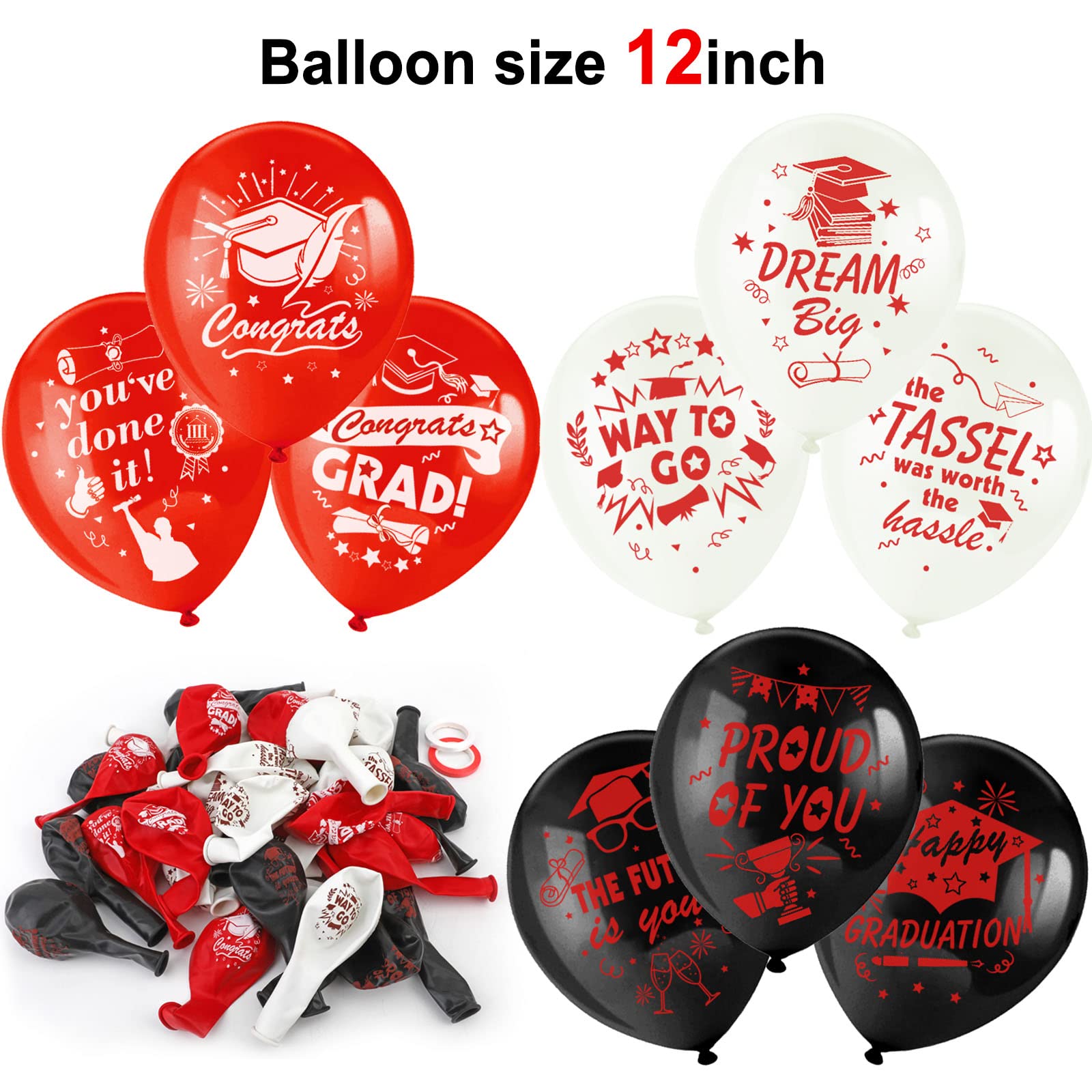 38-Piece Graduation Party Balloon Kit - 12 Inch Class of 2023 Latex Balloons with 2 Ribbon Rolls (Red, White, Black) - Proud of You & Congrats Printed Balloons for Classroom Decorations - 9 Unique Designs - Perfect for Graduation Parties, School Events & Celebration Decor
