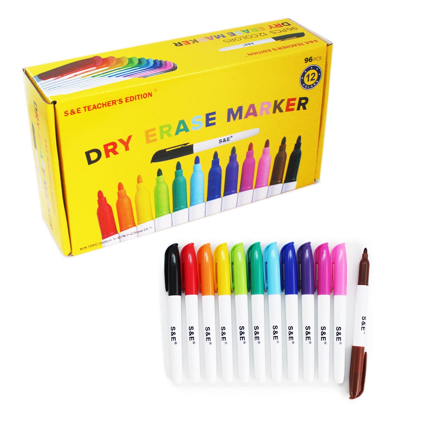 96-Piece S&E Teacher's Edition Dry Erase Markers Set - 12 Vibrant Colors, Low-Odor Ink for Whiteboards - Perfect for Classroom Teaching, Office Meetings & Home Schooling Supplies (Kids & Adults)