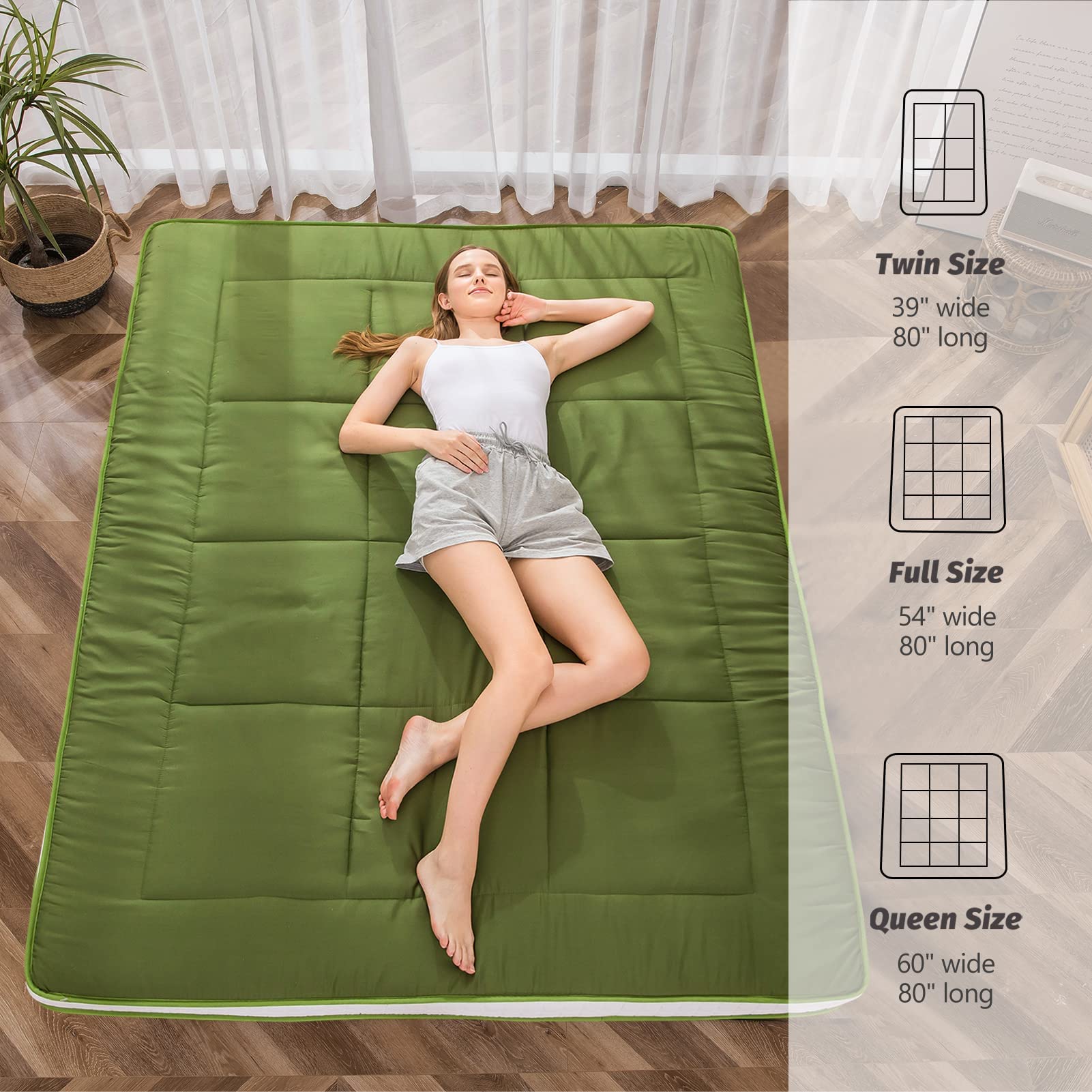 MAXYOYO Futon Mattress - Extra Thick Japanese Floor Mattress & Quilted Bed Topper | Breathable Folding Sleeping Pad for Camping, Guest Bed & Couch Lounger | Twin Size Green Mattress | Perfect for Small Spaces, Sleepovers & Outdoor Adventures