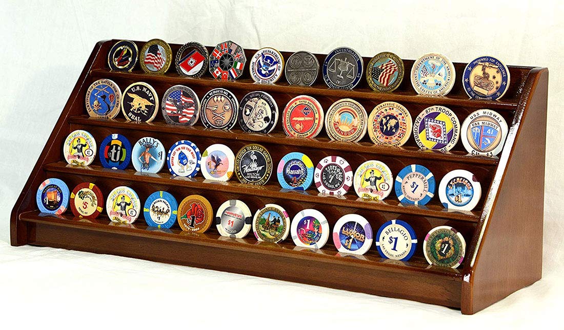 4 Rows 40 Slot Challenge Coin & Casino Chip Display Case - Walnut Wood Stand for Table, Shelf, or Desk - Perfect for Collectors, Gaming Enthusiasts, and Home Decor