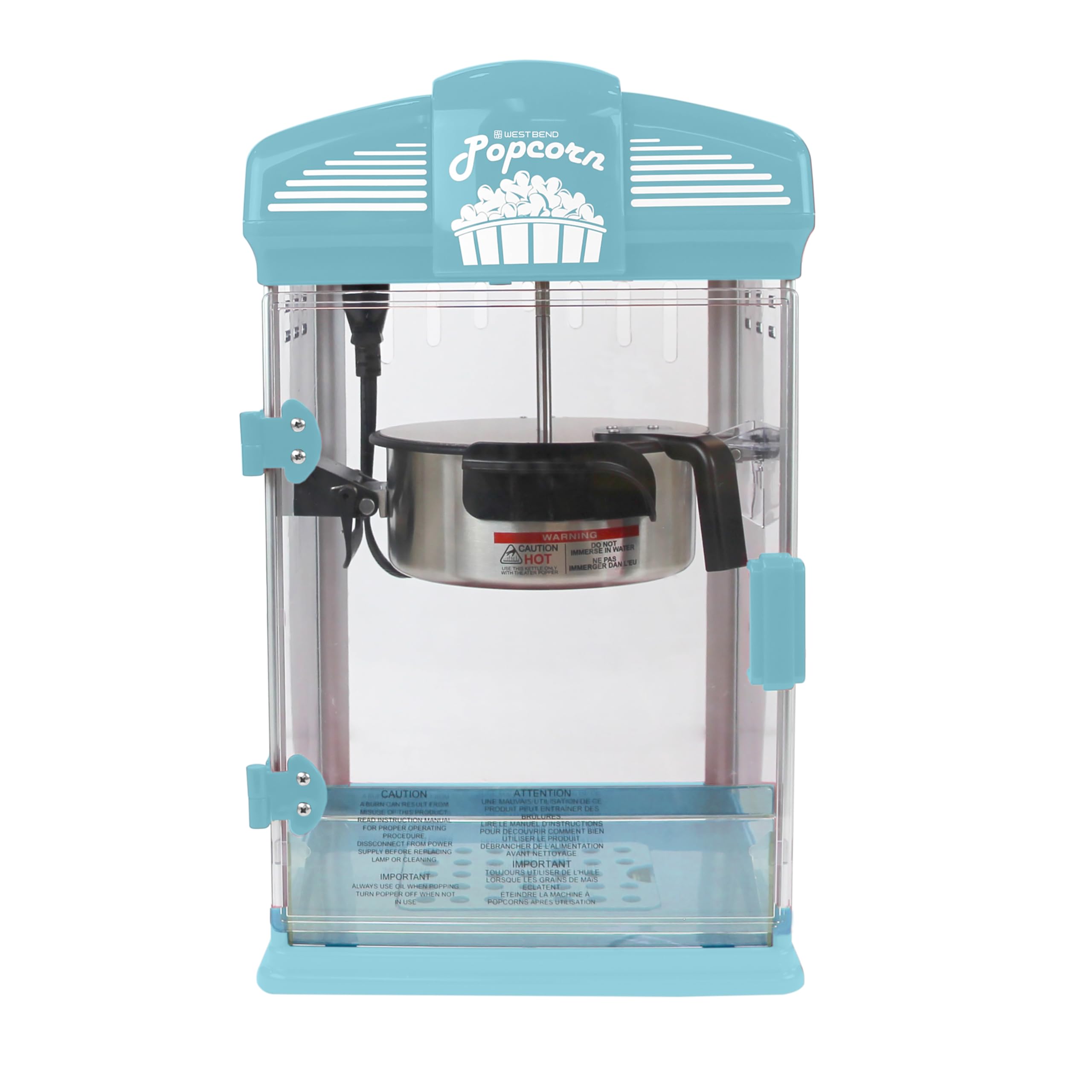 West Bend Stir Crazy Movie Theater Popcorn Popper - 4 Quart Nonstick Popcorn Maker Machine with Measuring Scoop, Perfect for Home Theater Nights, Family Movie Time & Party Snacks (Blue)