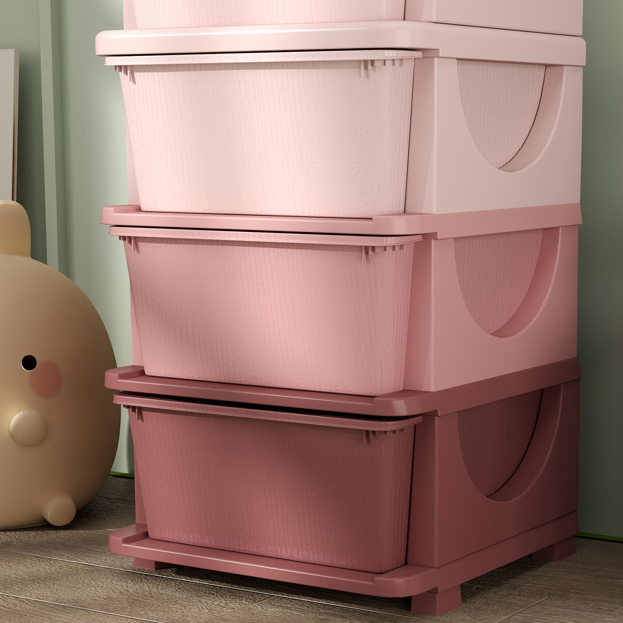 Qaba 4-Tier Kids Storage Unit with 4 Drawers - Toy Organizer with Plastic Bins for Bedroom, Nursery & Kindergarten - Space-Saving Storage Solution for Boys, Girls & Toddlers (Pink) - Perfect for Organizing Toys, Books & Clothes in Kids' Rooms & Play Areas