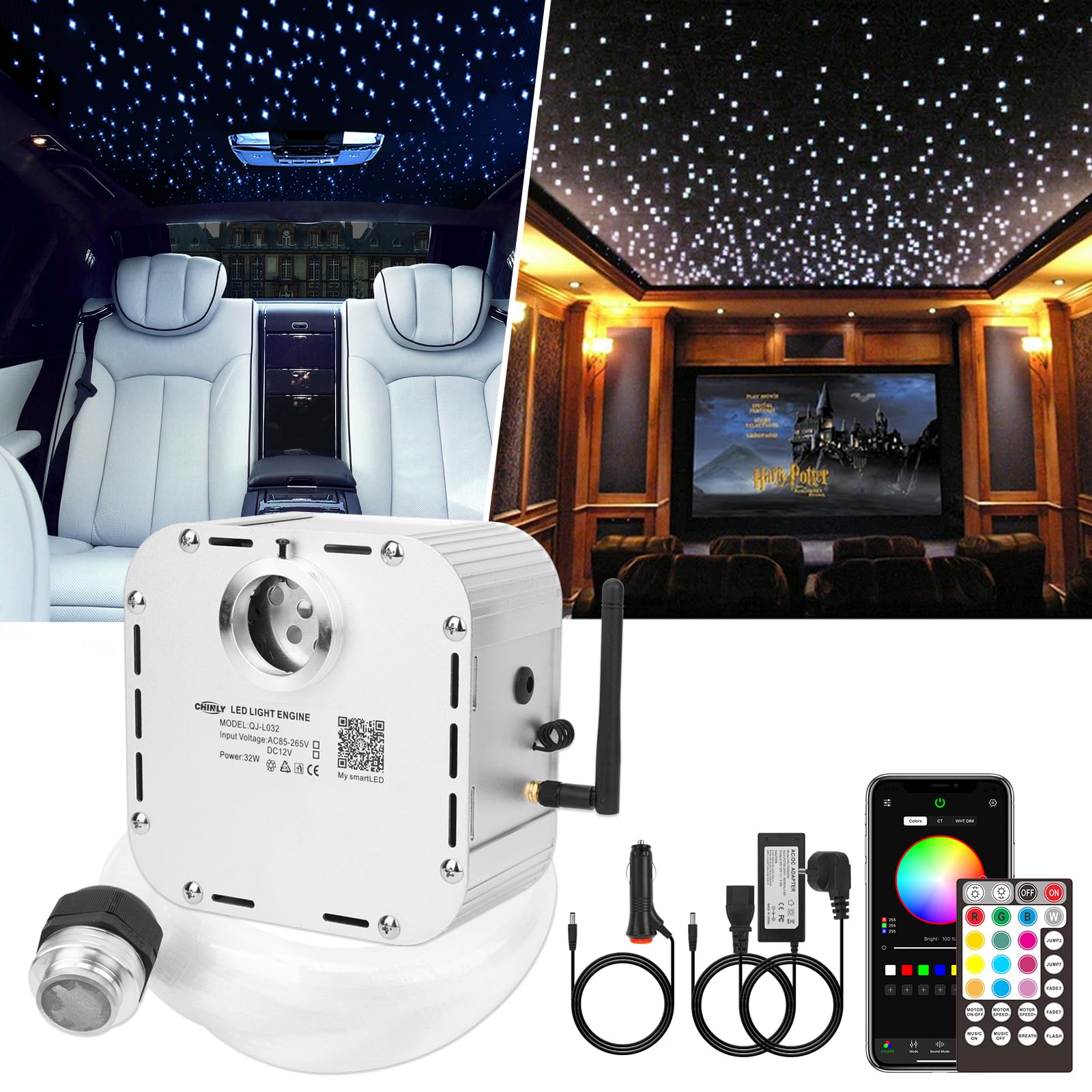 CHINLY 32W 800-Piece 9.8ft Twinkle Fiber Optic Lights Kit with Bluetooth APP Control & Remote - RGBW Star Ceiling Lights for Cars, Home Theaters, Pools, and Bedrooms | Create Starlight Effects for Parties, Relaxation & Decoration