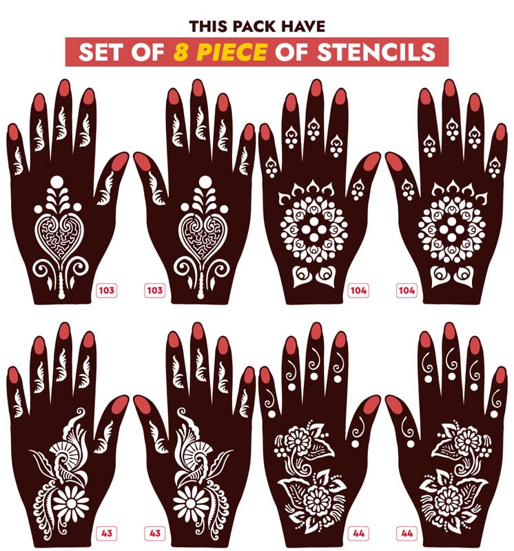 Apcute 8-Piece Henna Stencil Kit for Hands - Easy-to-Use Mehndi Design Stickers for Girls, Women & Kids | Perfect for Weddings, Festivals & DIY Body Art (Set Includes Designs 103, 104, 43, 44)