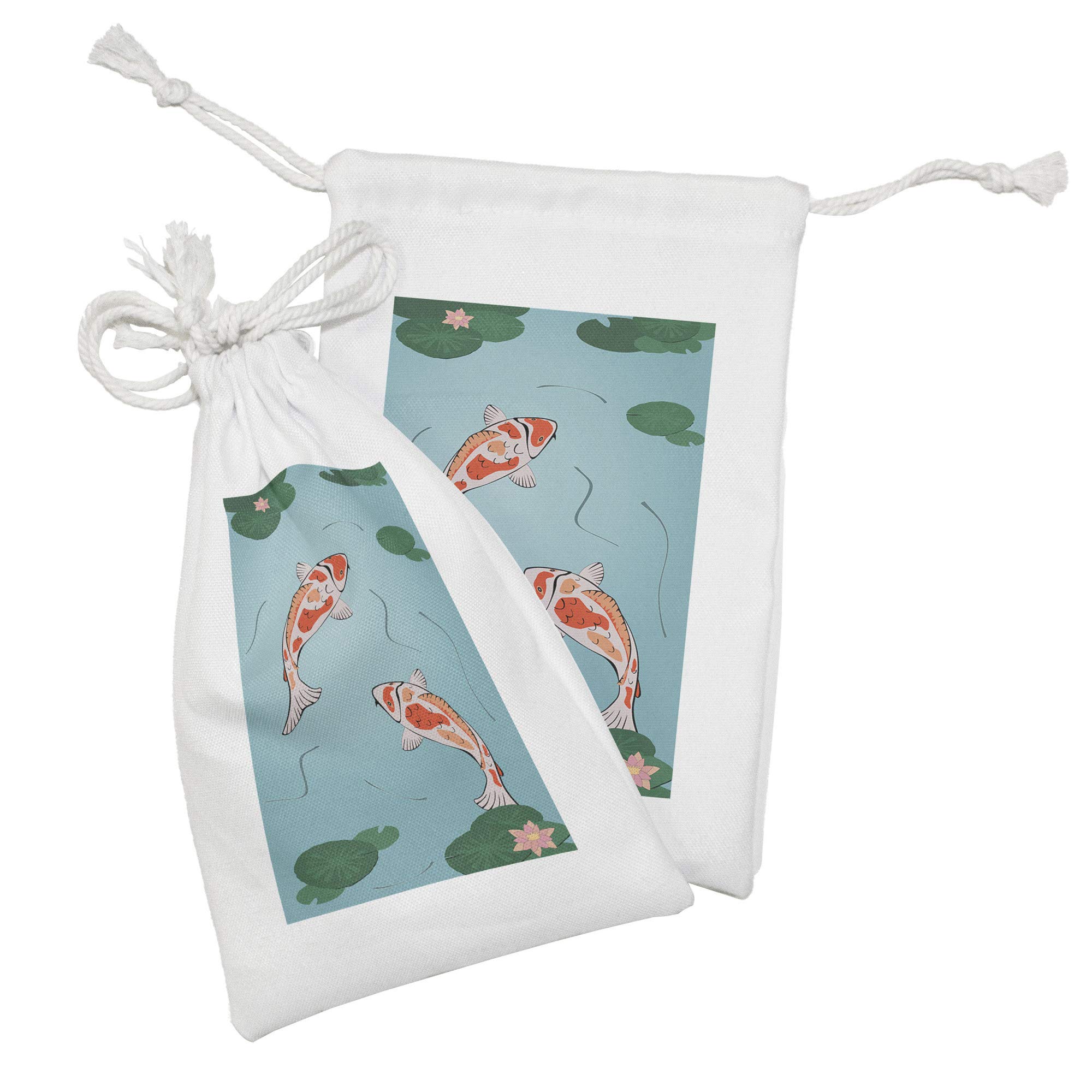 Ambesonne 2-Piece Koi Fish Fabric Pouch Set - Japanese Koi Pond with Water Lilies Design, Small Drawstring Bags for Toiletries, Face Masks & Party Favors (9