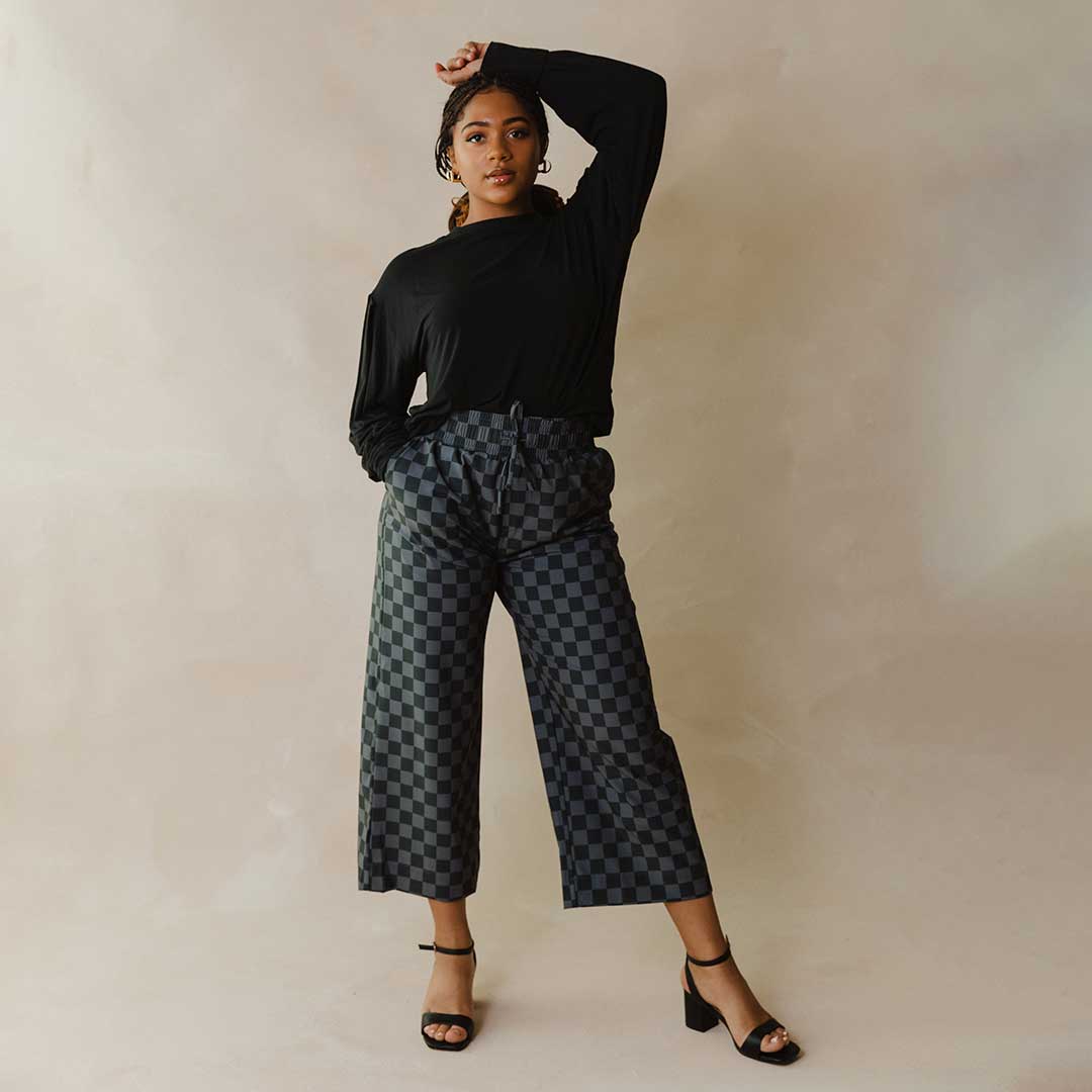 Audrey Wide Leg Pants for Women - Stylish Slate Checkered High Waist Trousers | Office Wear, Casual Outfits & Business Travel Essentials