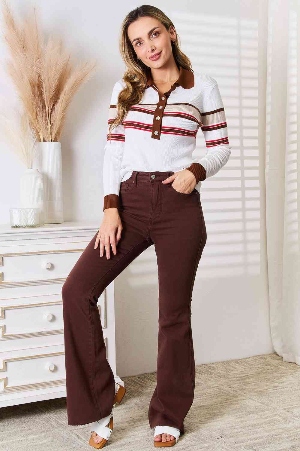 Beige Striped Collar Rib Knit Top for Women - Casual Long Sleeve Shirt for Fall & Winter, Perfect for Office Wear and Weekend Outfits