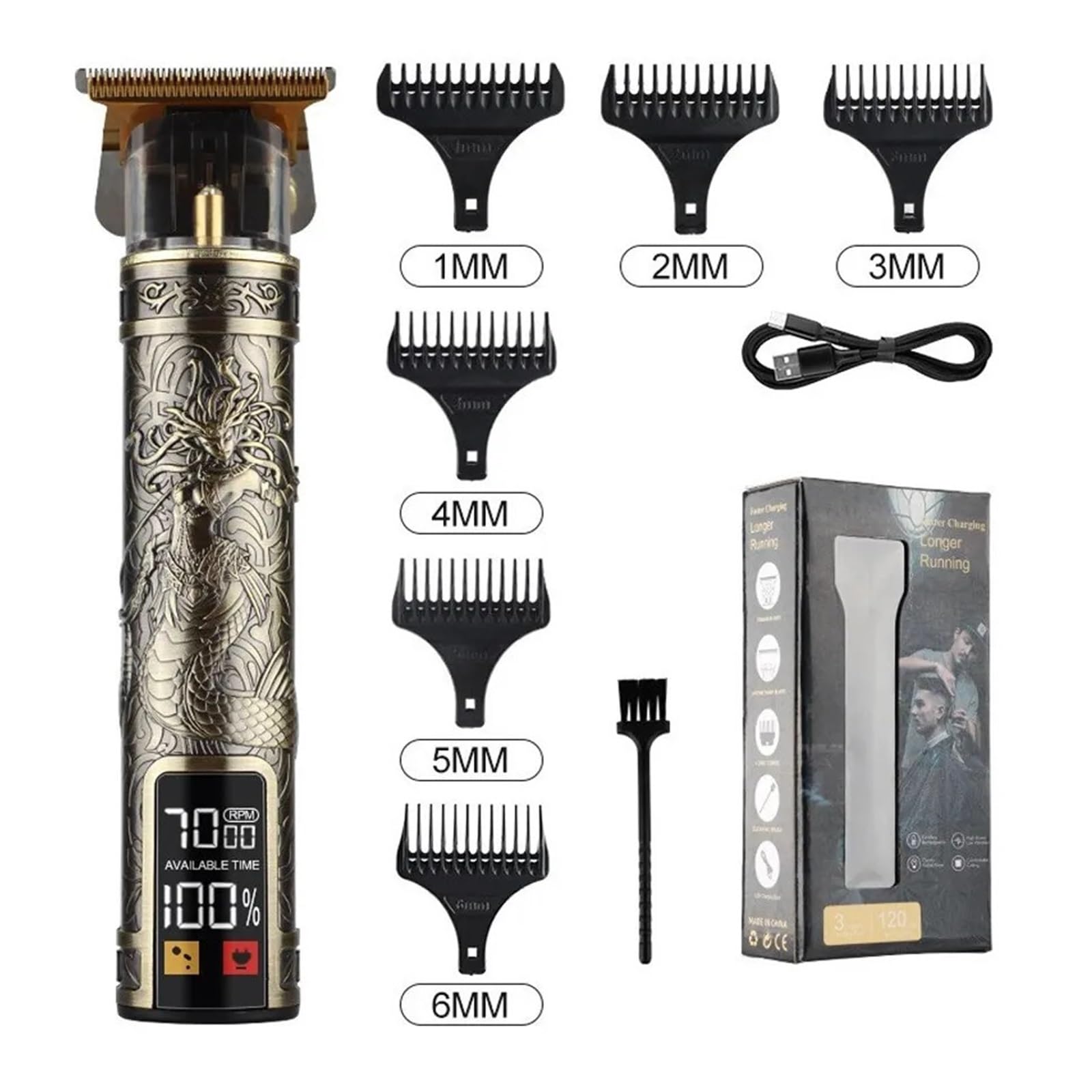 Professional Vintage T9 LCD Electric Hair Clipper - Rechargeable Barber Trimmer for Men with Black Gold Medusa Design | Perfect for Home Grooming & Professional Salon Use