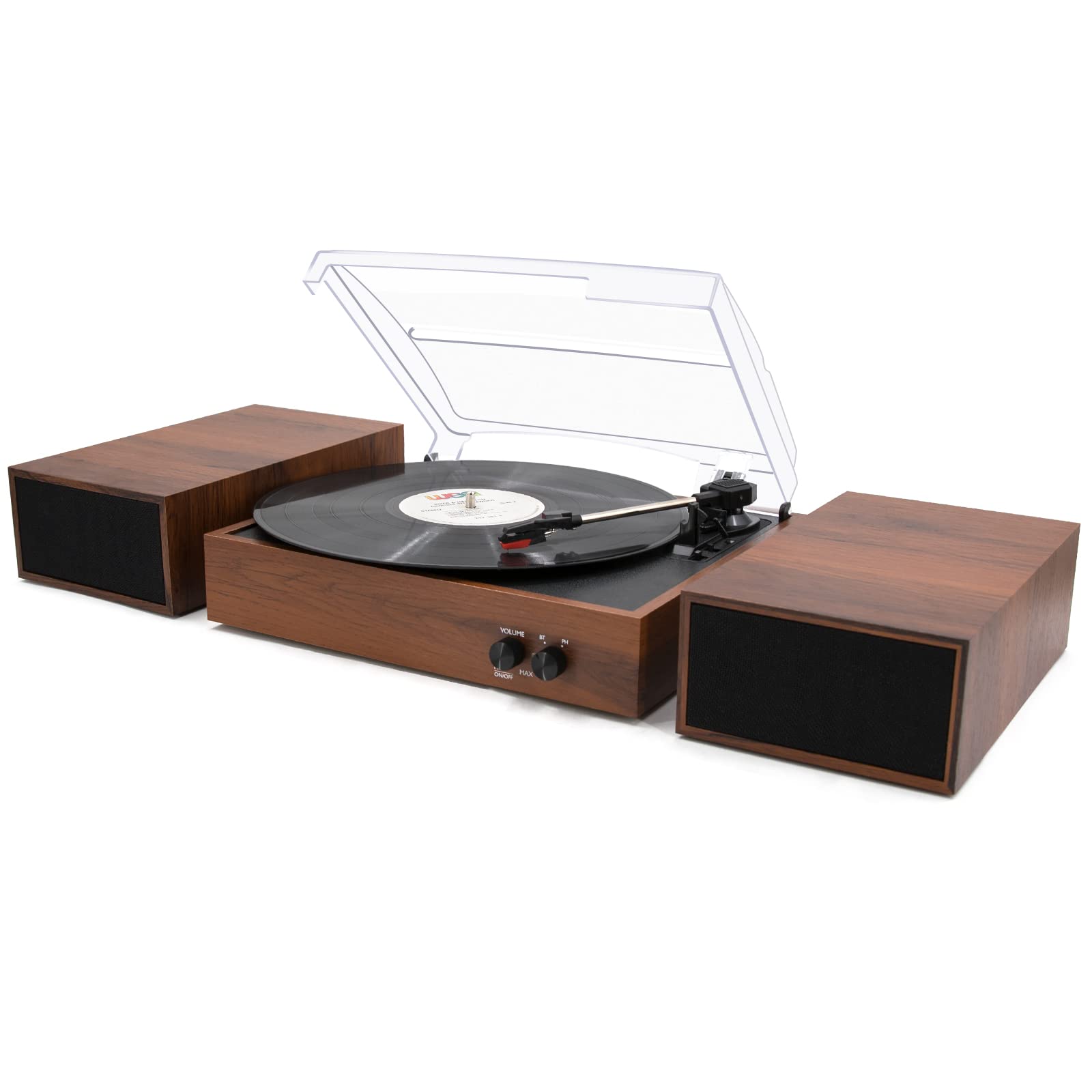 LP&No.1 Wireless Vintage Turntable with Stereo Bookshelf Speakers - 3-Speed Belt-Drive Vinyl Record Player with Bluetooth, Auto-Stop, Acrylic Dust Cover & Mahogany Finish - Perfect for Home Entertainment & Retro Music Lovers