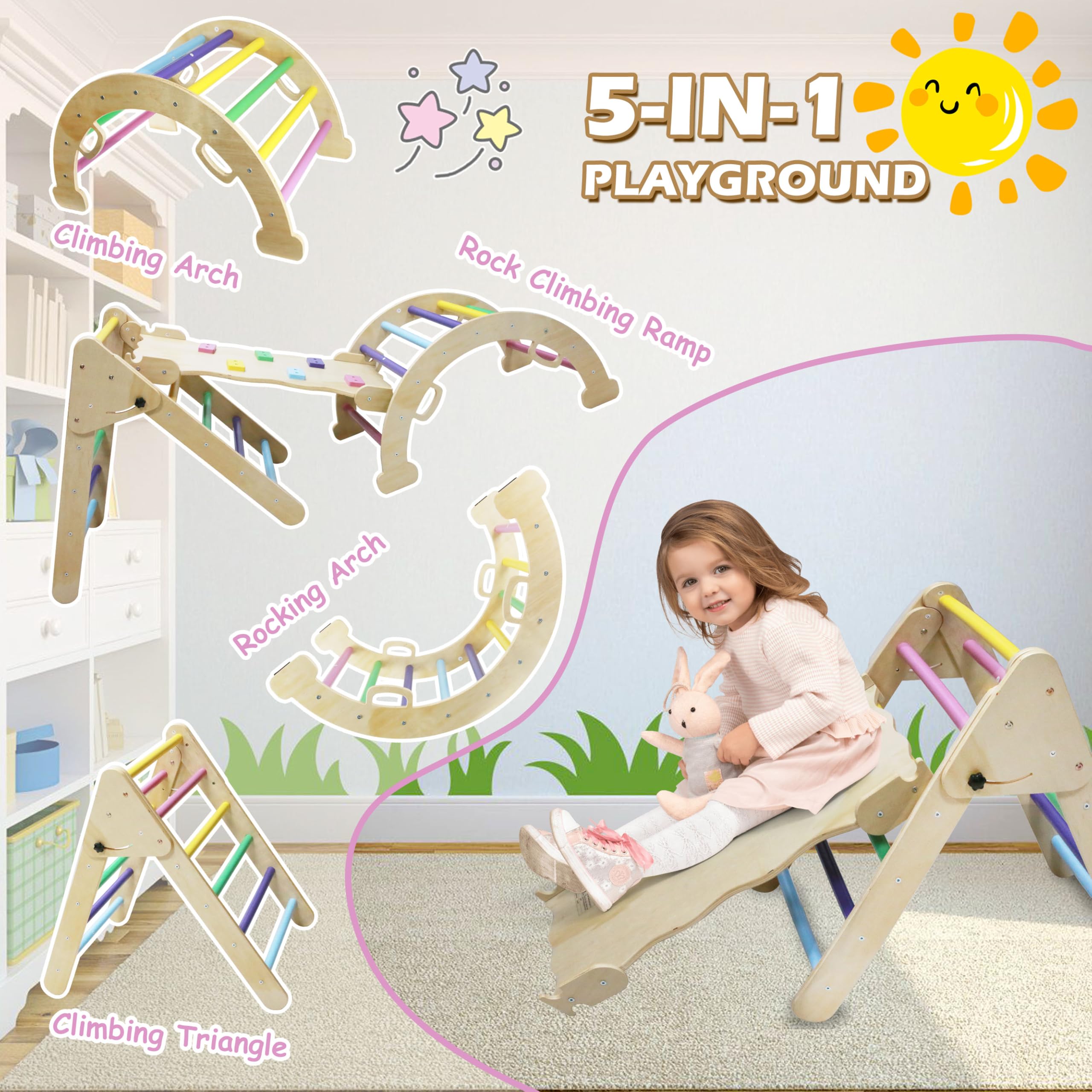 5-in-1 Foldable Wooden Climbing Gym Set for Toddlers - Arch, Ramp & Ladder Playground Equipment for Indoor & Outdoor Use - Perfect for Home Playrooms, Daycares and Backyard Adventures
