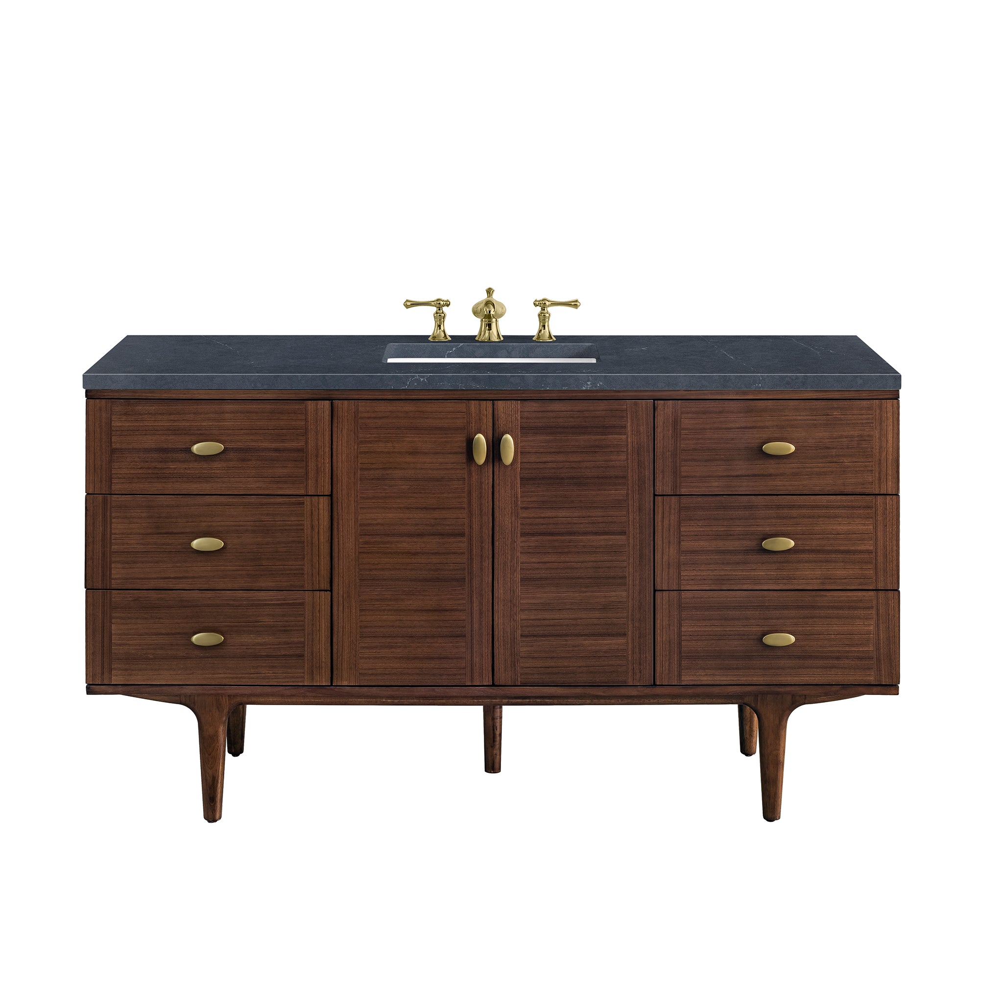 Amberly 60 Inch Single Bathroom Vanity with Mid-Century Walnut Finish & 3CM Charcoal Soapstone Top - Perfect for Modern and Vintage Bathroom Designs