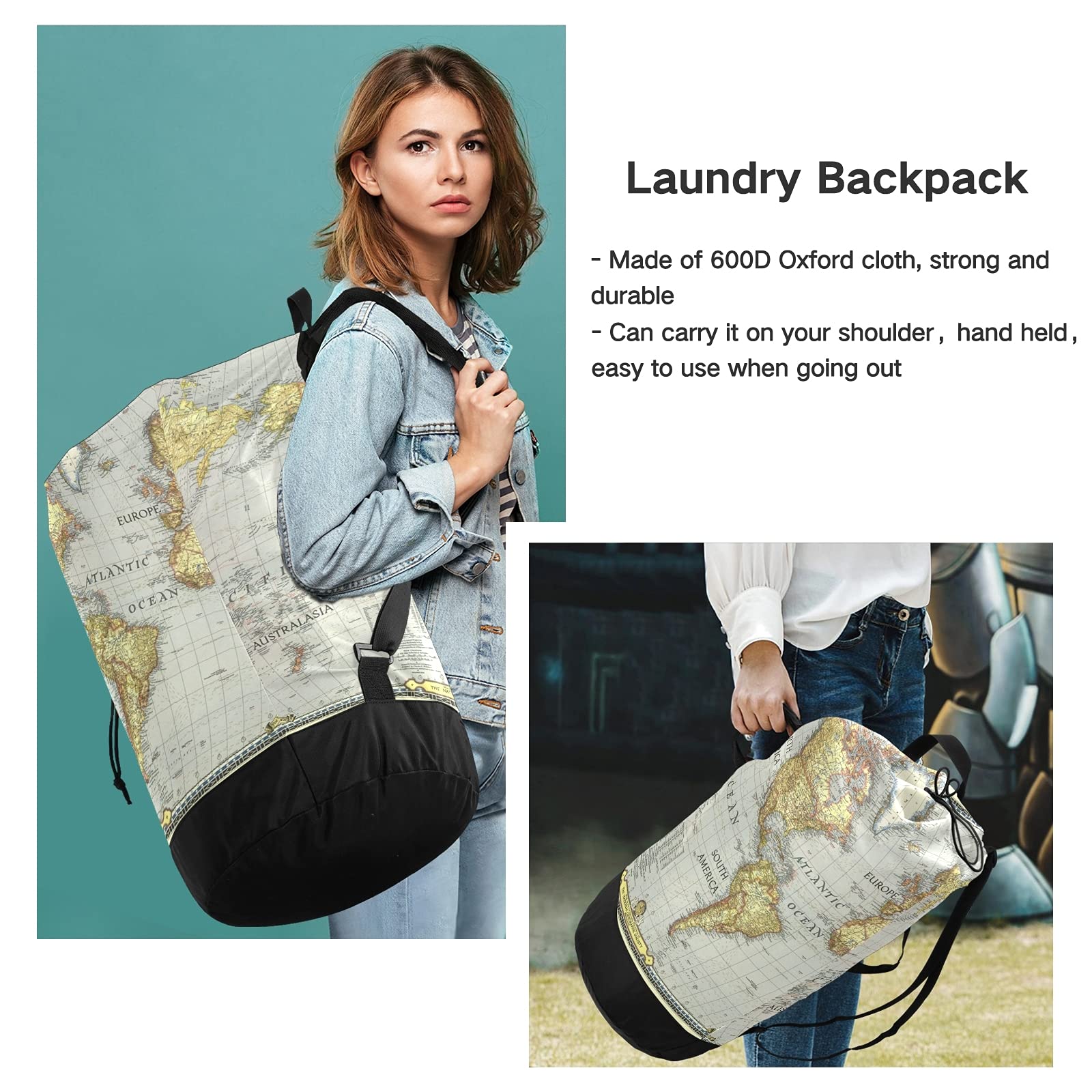 Xigua World Map Laundry Backpack with Shoulder Straps - Portable Drawstring Clothes Hamper for College Students, Travel, Laundromat & Apartment - Perfect for Dorm Rooms, Camping Trips and Gym Use