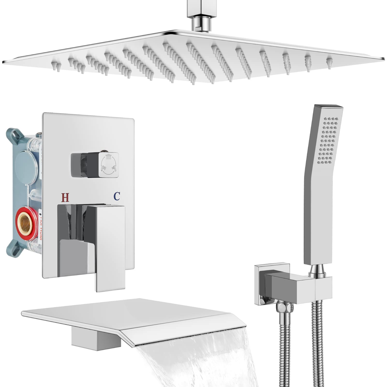 Gotonovo 12-Inch Polished Chrome Ceiling Mount Shower System - Rain Shower Head & Handheld Combo with Waterfall Tub Spout & Rough-in Valve Kit - Perfect for Modern Bathroom Renovation & Spa-Like Shower Experience