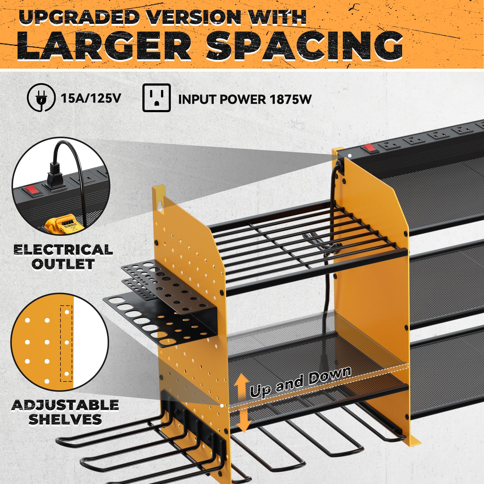 Upgrade Large Power Tool Organizer Wall Mount with Charging Station - 6.5FT Power Strip & 10 Drill Holder Storage Rack for Garage Organization | Perfect for Workshop, DIY Projects & Home Improvement