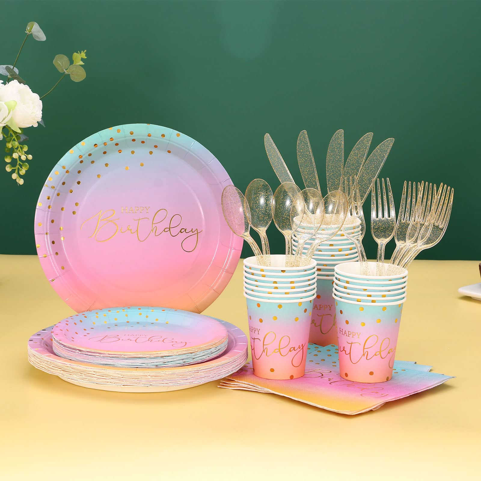 Pastel Rainbow Birthday Party Supplies for Girls - 25-Piece Disposable Plates, Cups & Napkins Set - Perfect for Kids Birthday Parties, Baby Showers & Themed Celebrations