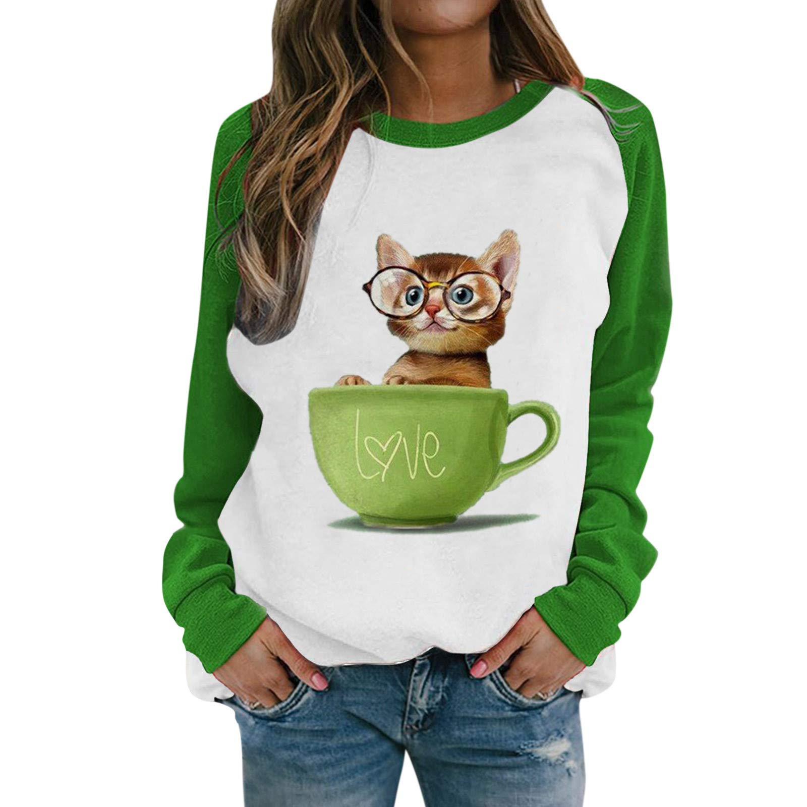 Women's White & Gray Long Sleeve Athletic T-Shirt - Printed Neck Blouse Tunic Top for Yoga, Gym & Casual Wear (Green, Size L)
