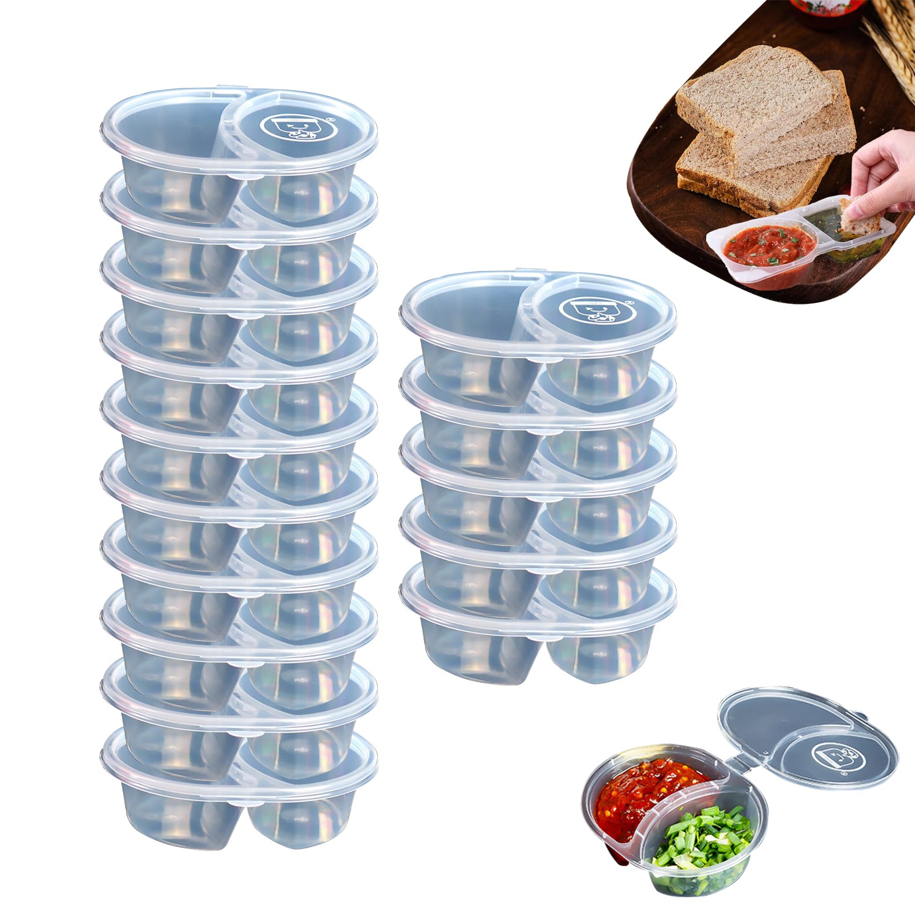 Disposable Double Compartment Snack Containers with Hinged Lid - 15 Pack for Salad Dressing, Condiments & Food Storage | Perfect for Picnics, Parties & Takeout Meals