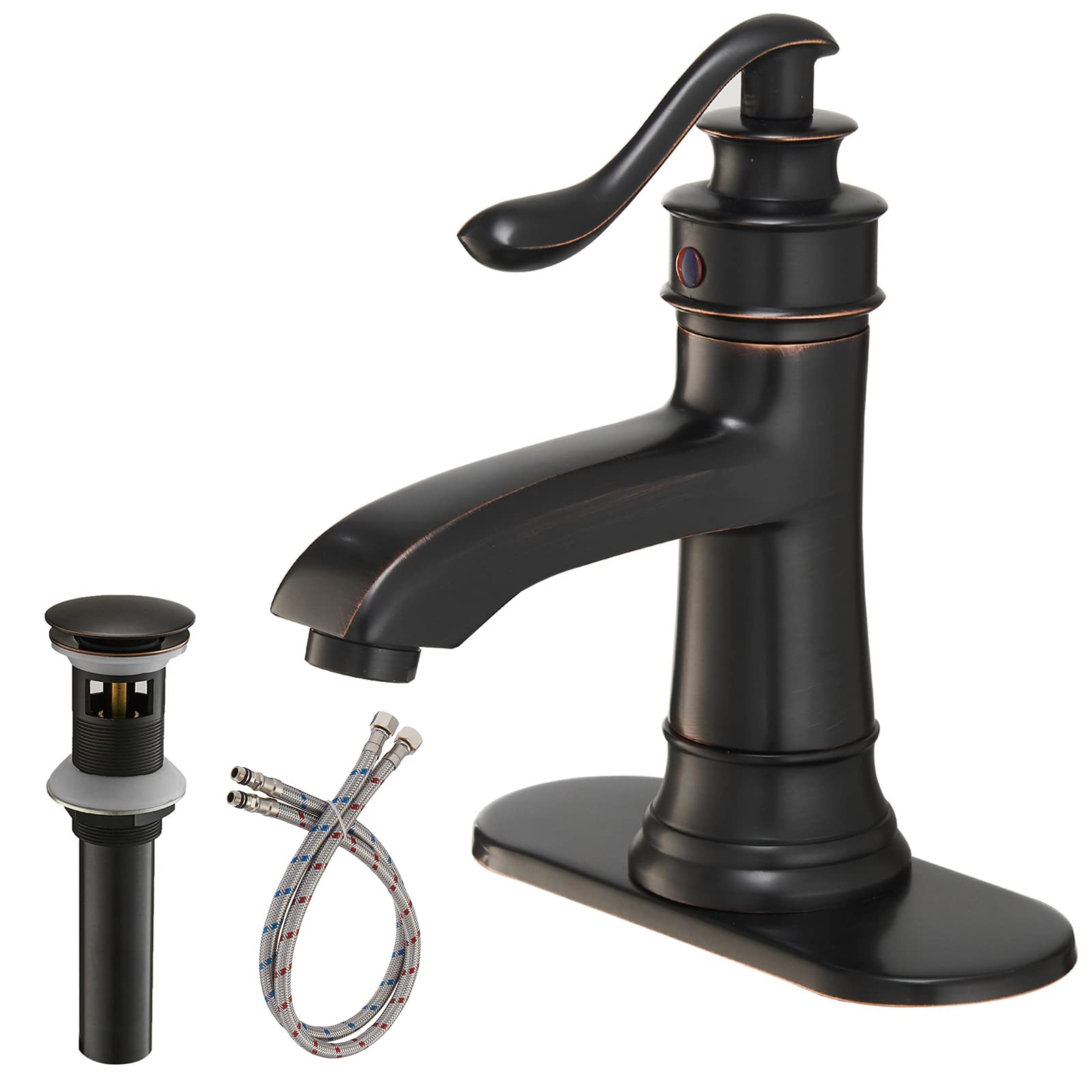 Oil Rubbed Bronze Bathroom Sink Faucet - Single Hole Farmhouse Vanity Faucet with Pop Up Drain & Overflow - Vintage Rustic Design for Bathroom, Powder Room & Guest Bath Decor
