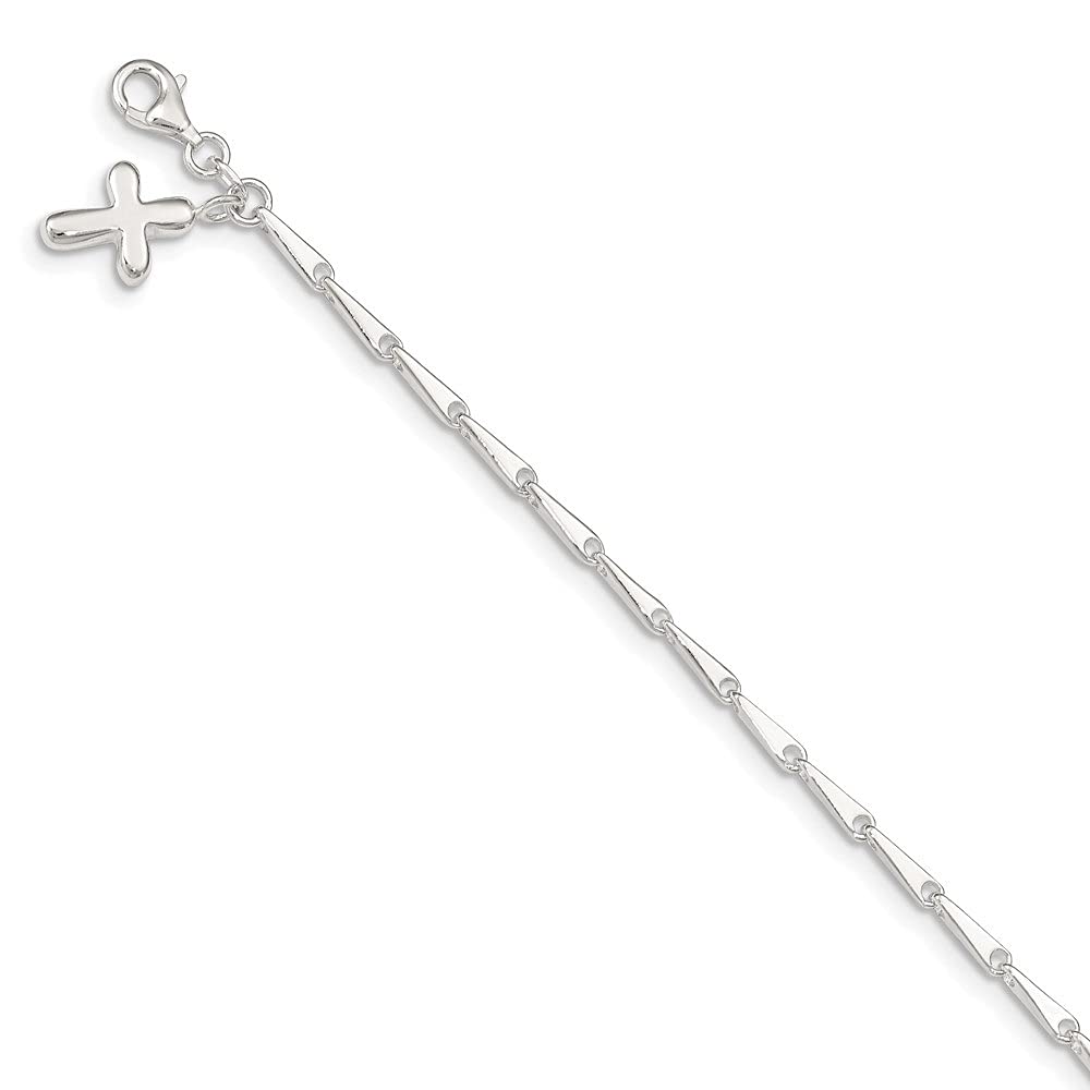 Solid Sterling Silver Polished Cross Charm Fancy Link Anklet Bracelet - Perfect for Gifts, Everyday Wear & Special Occasions