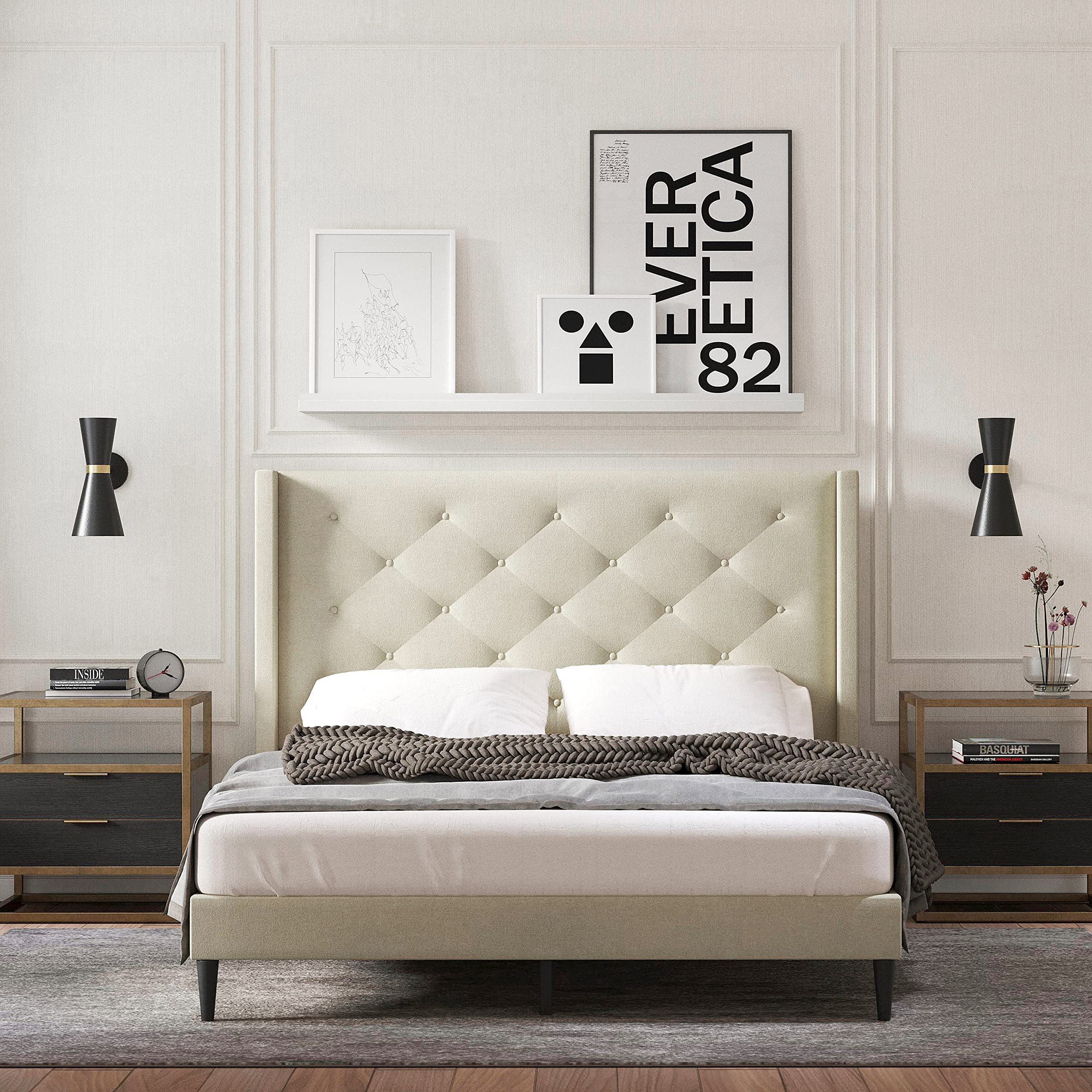 Glenwillow Home Huppe Upholstered Platform Bed Frame - Queen Size Mid Century Modern Wingback Design with Button Tufted Headboard, No Box Spring Needed, Easy Assembly in Beige | Perfect for Master Bedrooms, Guest Rooms & Modern Apartments
