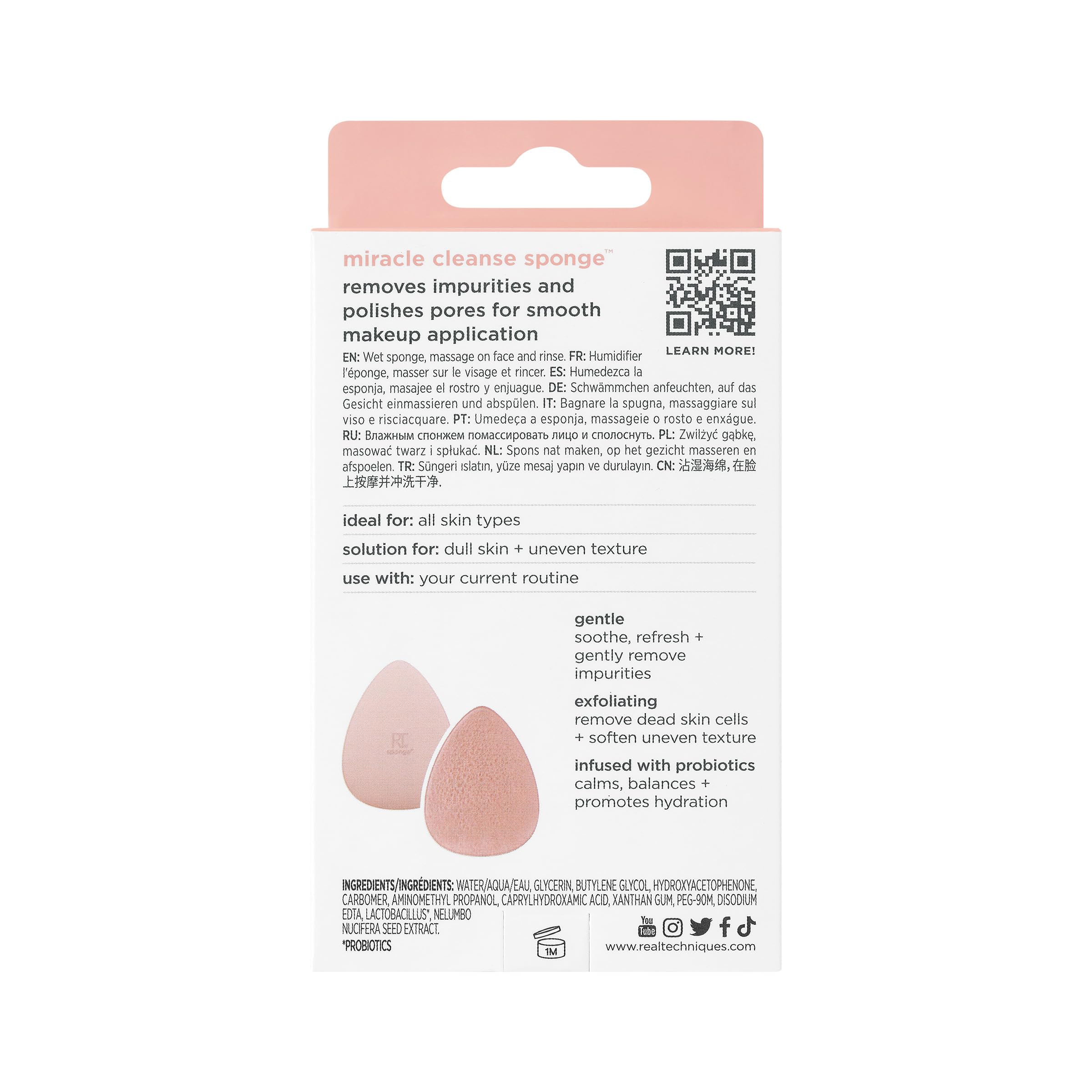 Real Techniques Miracle Cleansing Sponge - Dual Sided Facial Cleanser with Probiotics for Exfoliating & Deep Pore Cleansing | Gentle Skincare Tool, Cruelty-Free (1 Count) | Perfect for Daily Face Wash & Makeup Removal