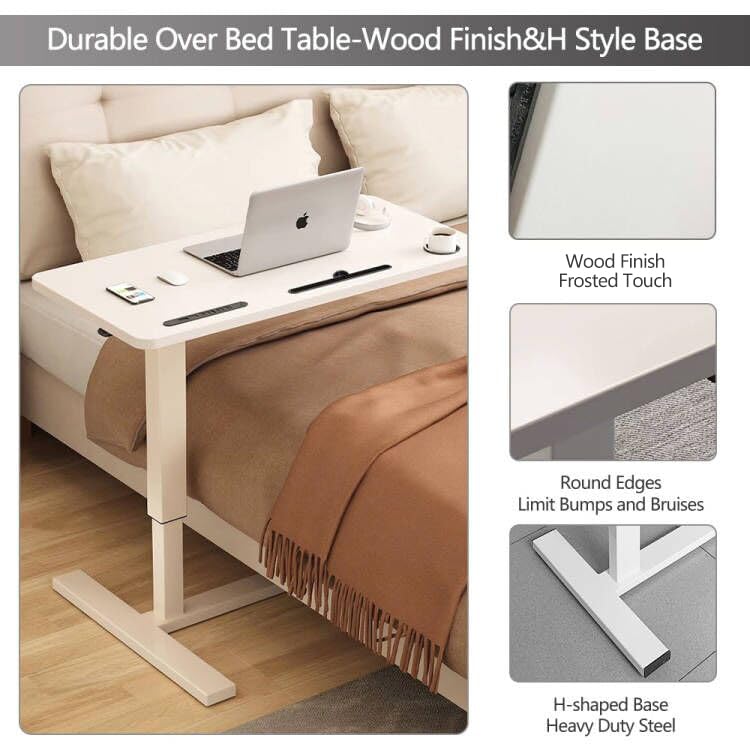 Adjustable Overbed Table with Wheels & USB Port - Pneumatic Height Hospital Bed Table, Mobile Laptop Cart & Rolling Bedside Tray for Home & Medical Use - Perfect for Patients, Students & Remote Workers (White)