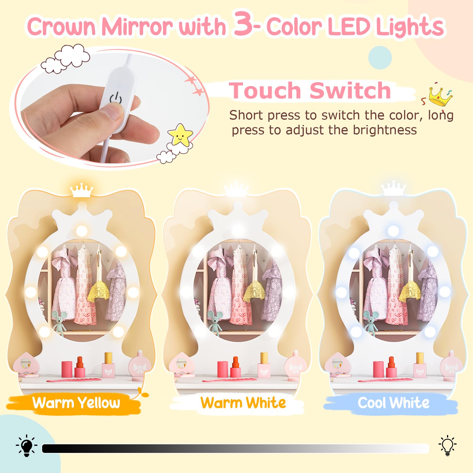 Costzon Kids Vanity Set with Mirror, Stool & LED Lights - 2-in-1 Wooden Makeup Dressing Table with Drawers for Girls - Pretend Play Toy for Toddlers (White) | Perfect for Birthday Gifts & Bedroom Decor