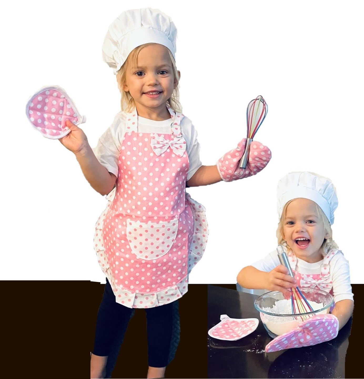 **Pink Toddler Baking Set - Chef Apron, Hat, Oven Mitt & Hot Pad for Kids (4-Piece) - Perfect for Pretend Play & Real Cooking Activities**
